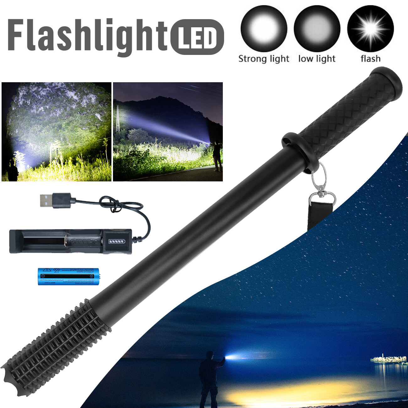 Lampe torche baseball LED rechargeable 3 modes urgence travail