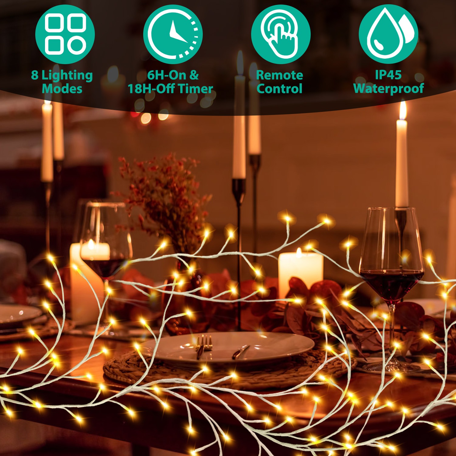Guirlande bouleau 7,87pi, 144 LED, minuteur, 8 modes, IP45