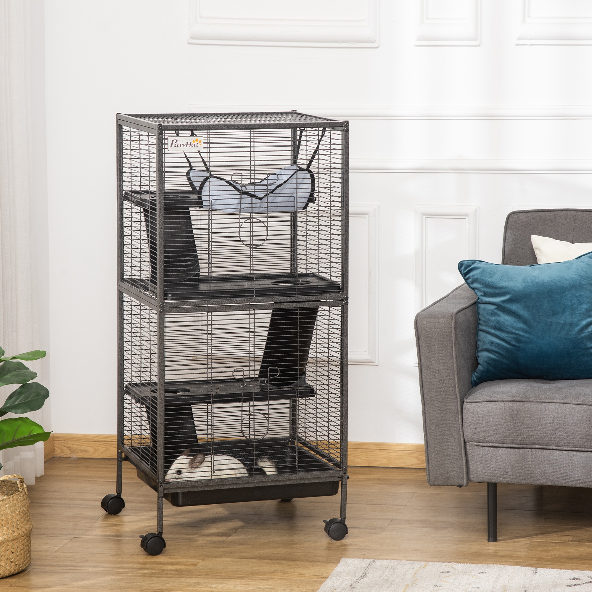 Cage animal 4 niveaux métal hamac furet chinchilla gris