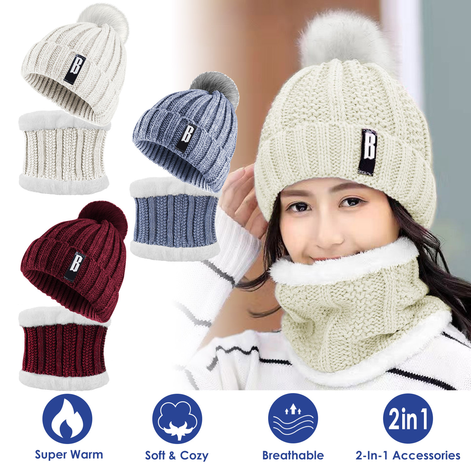 Ensemble tuque écharpe femme hiver tricoté