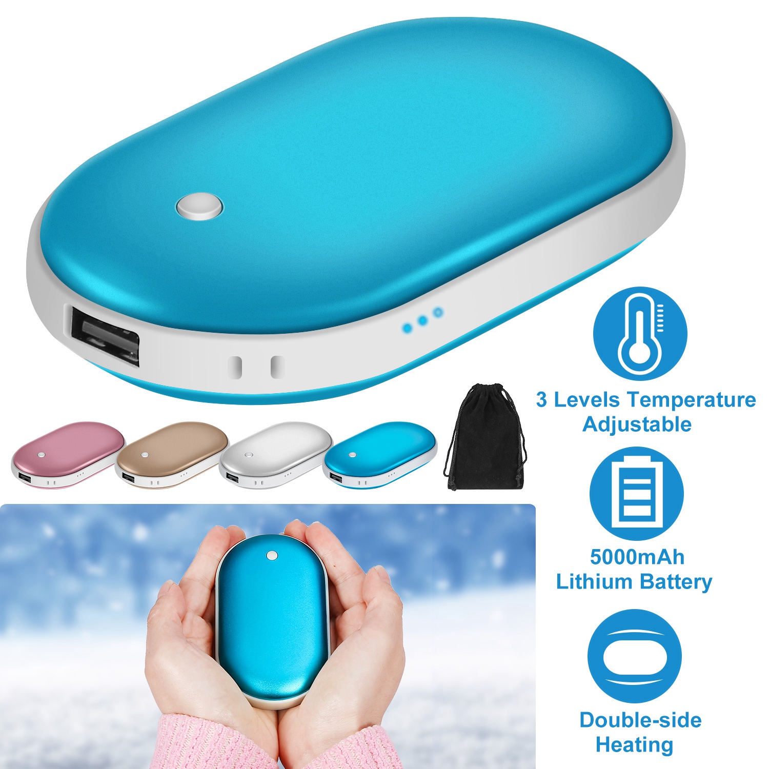 Chaufferette portable 1pc 5000mAh, batterie externe chauffage double face