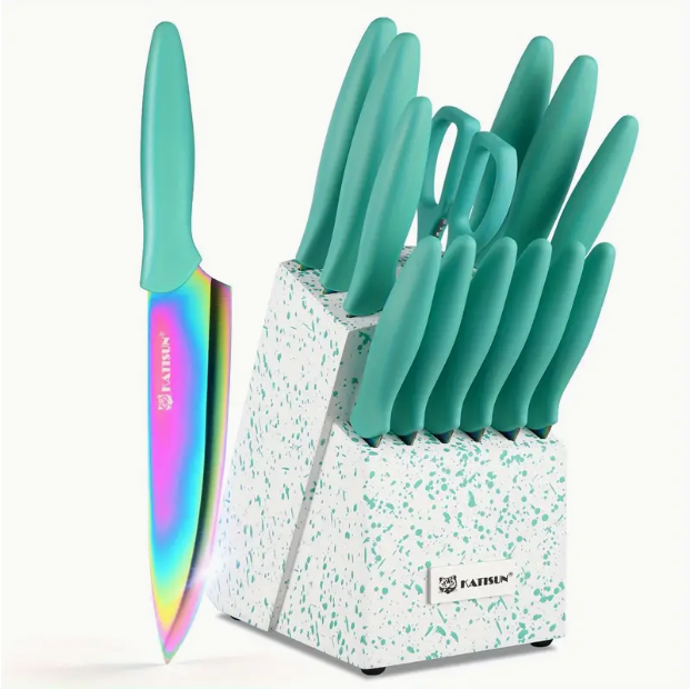 Set 14 couteaux acier inox carbone arc-en-ciel, lames titane, ciseaux