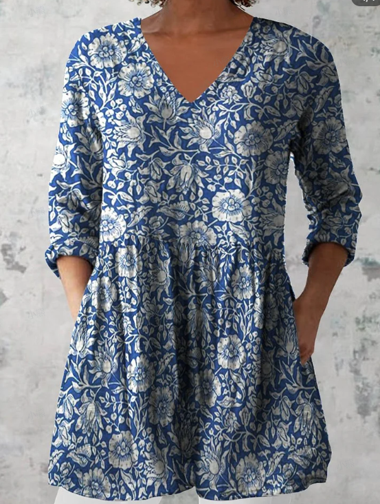 Haut lin-coton col V floral imprimé
