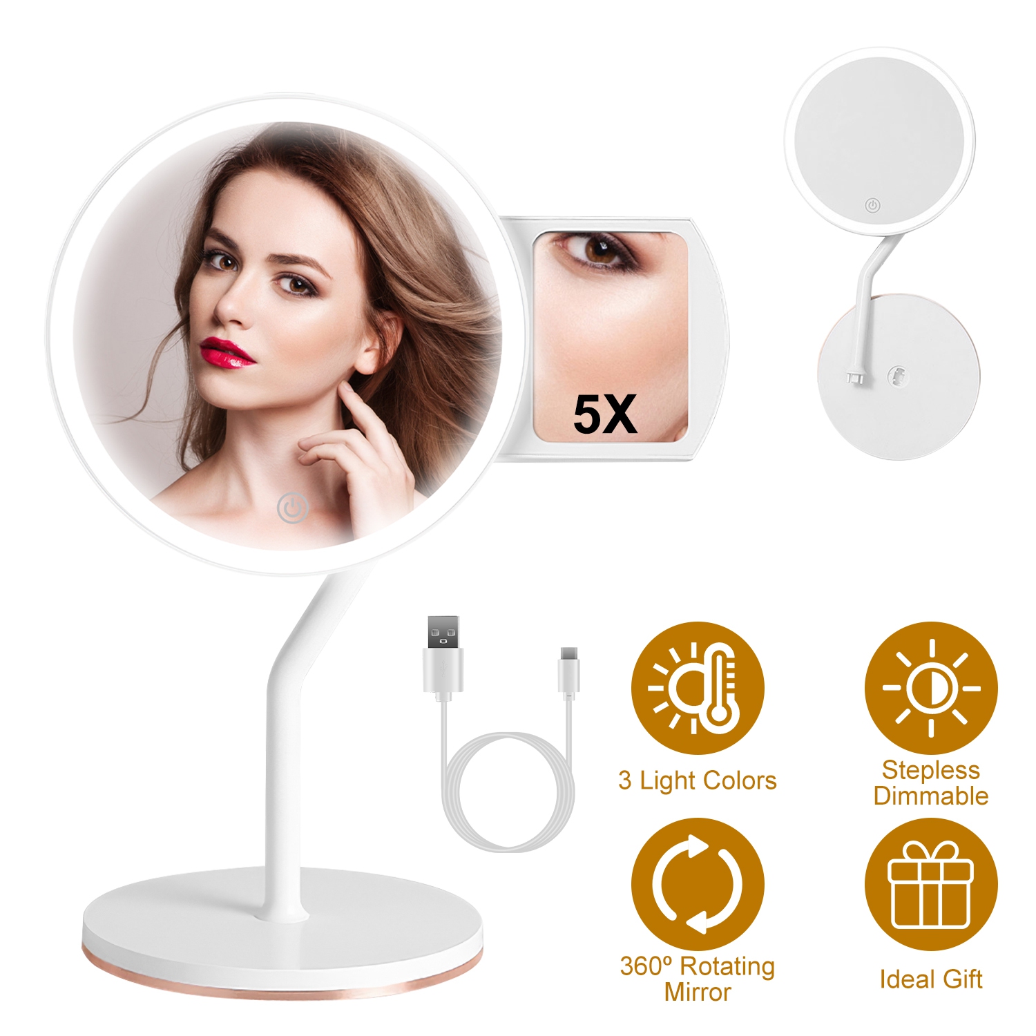 Miroir maquillage LED 7.48po grossissement 5X dimmable