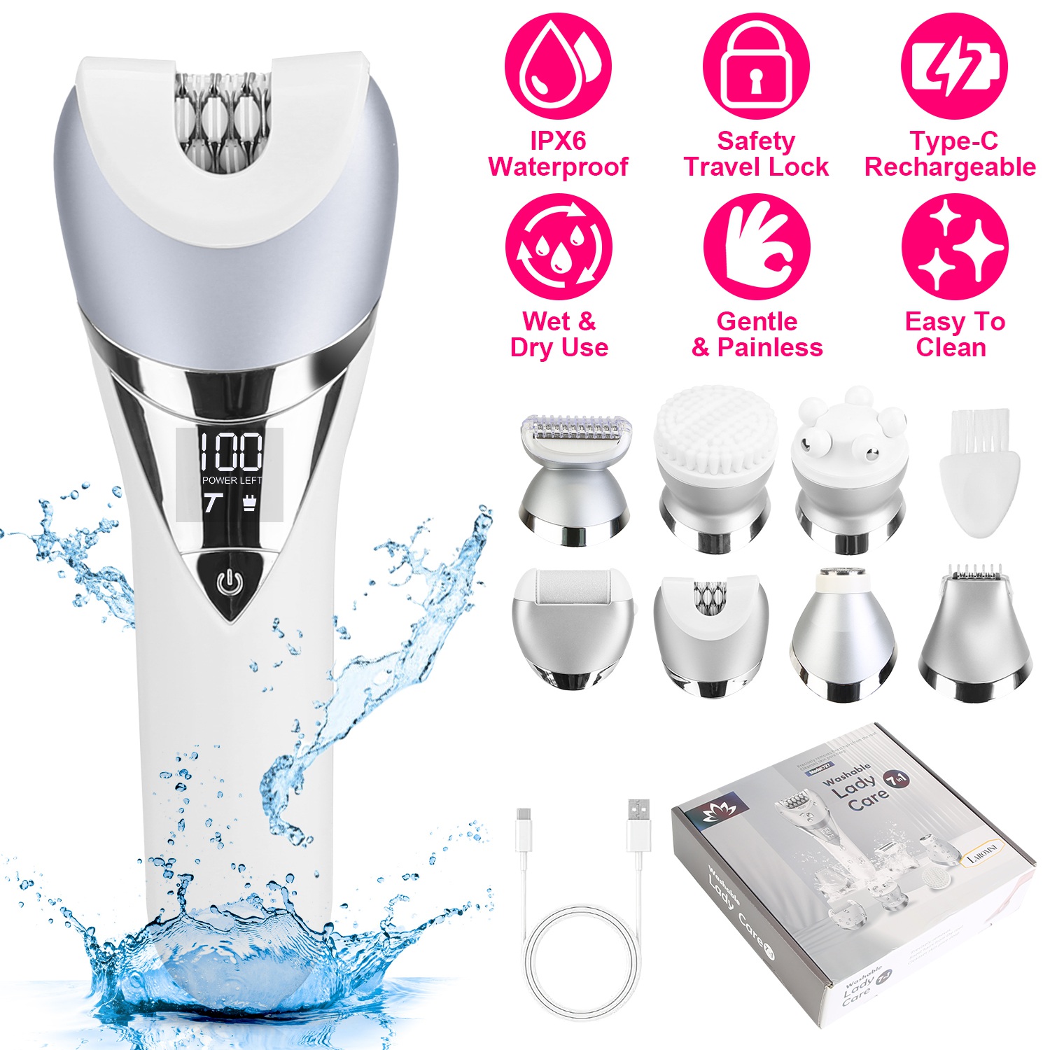 Rasoir électrique femme 7-en-1, corps complet, rechargeable