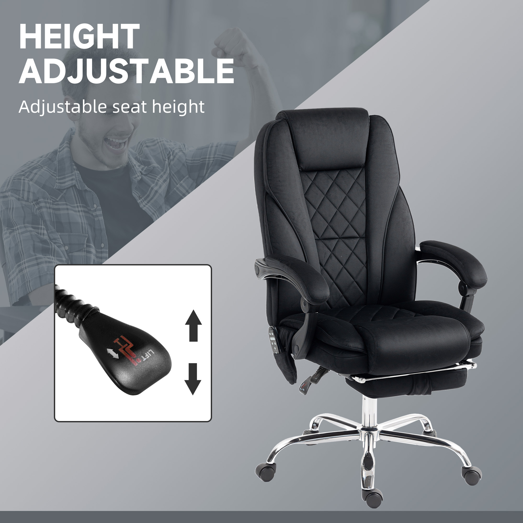 Chaise de bureau massage chauffée, hauteur ajustable, repose-pieds, noir