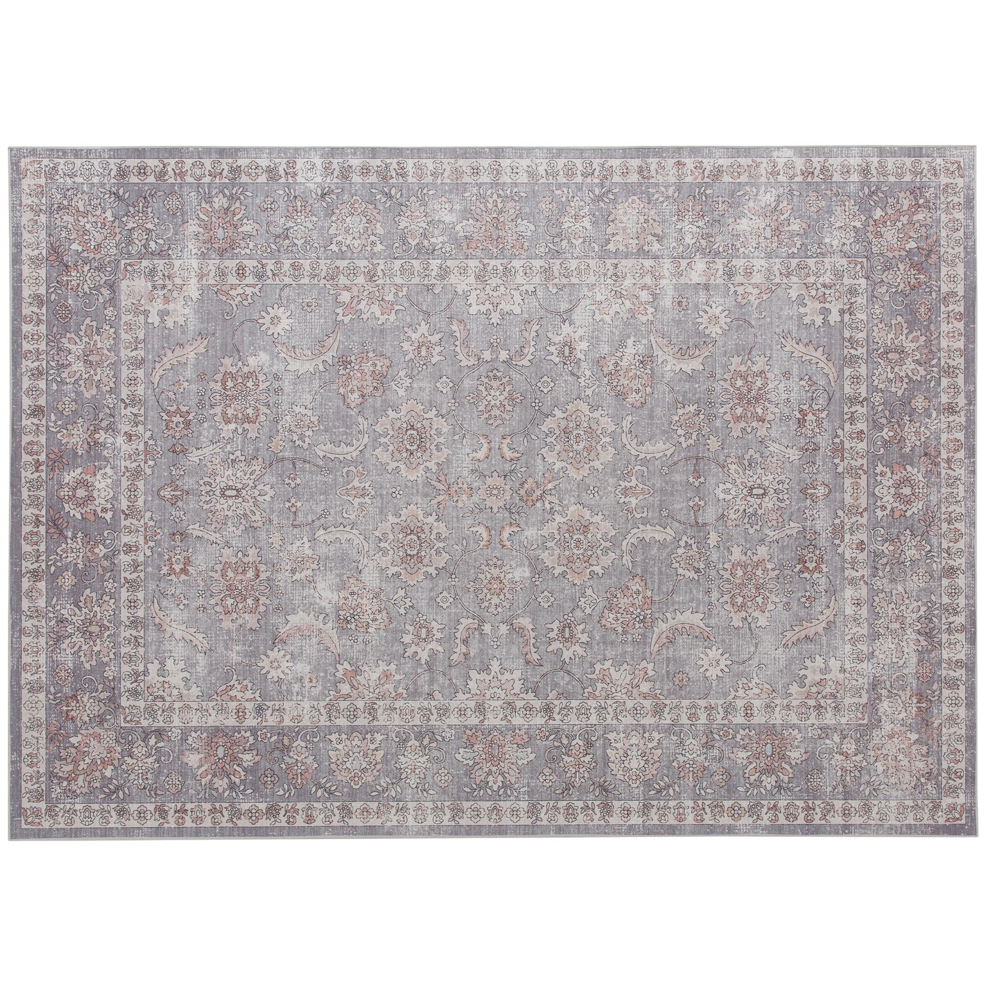 Tapis 5x7 lavable motif fleur gris brun non-glissant