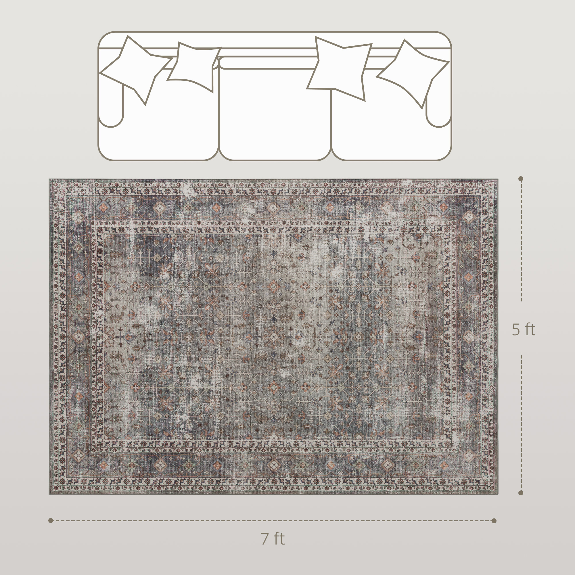 Tapis 5x7 lavable, antidérapant, marron mélangé traditionnel