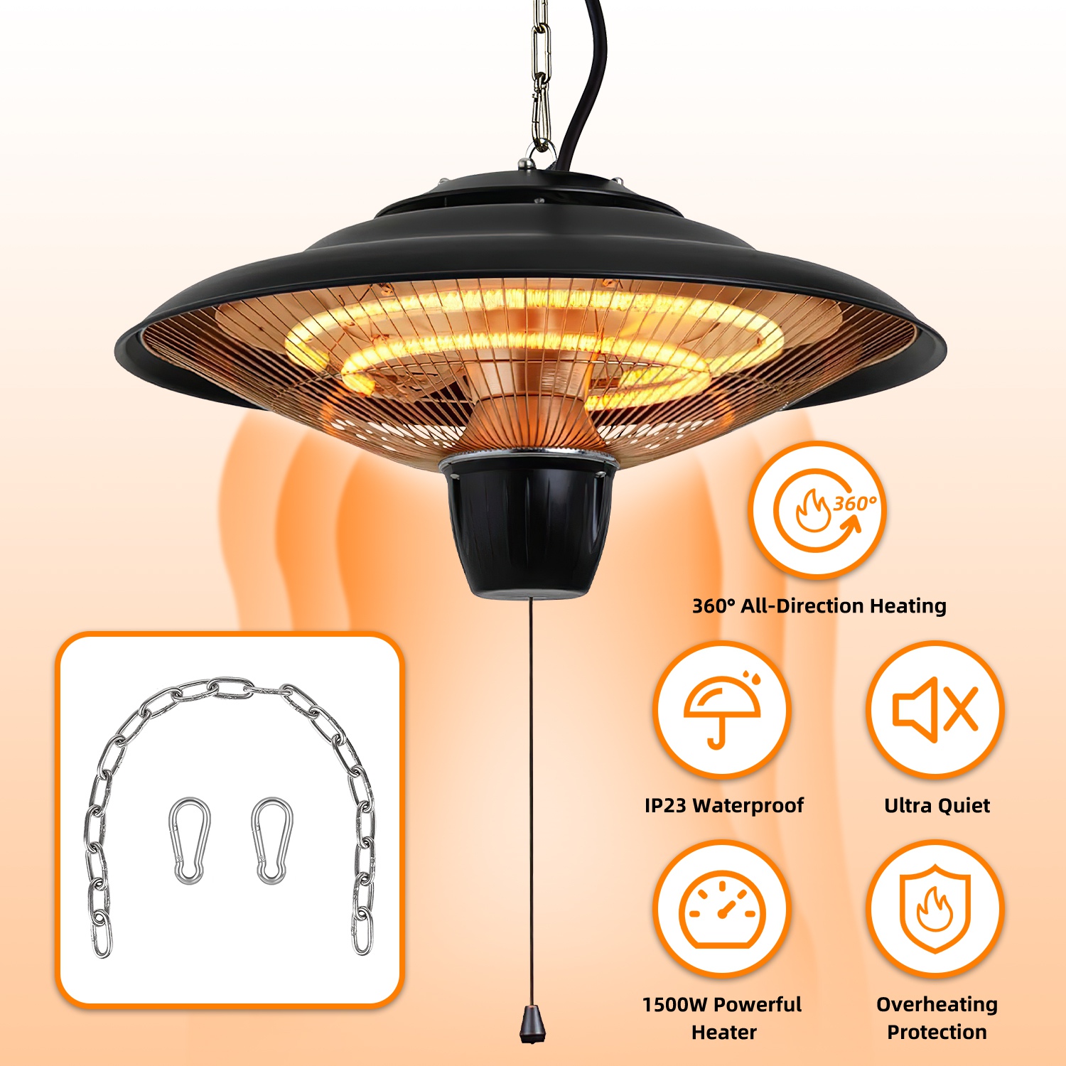 Chauffage terrasse suspendu 1500W IP23, 2 niveaux, protection surchauffe