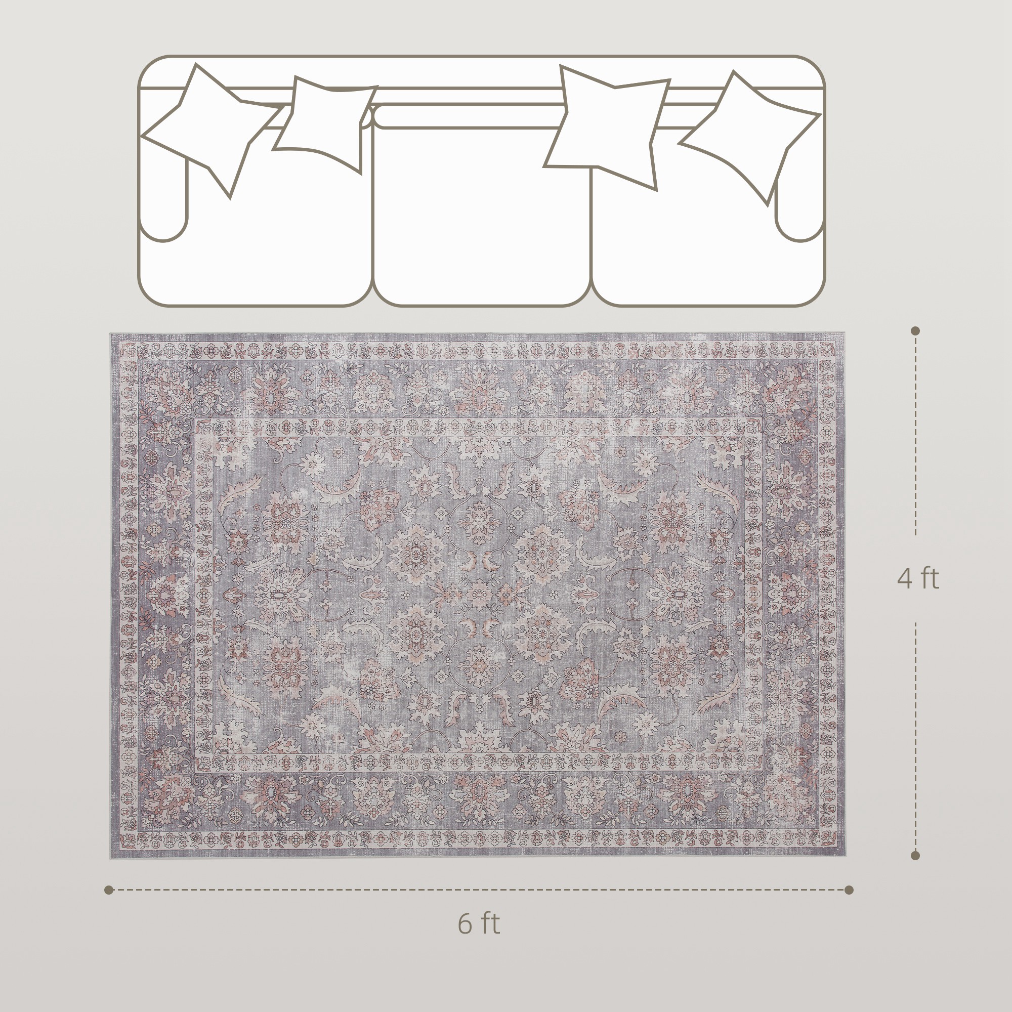 Tapis lavable 4x6 fleurs gris brun antidérapant