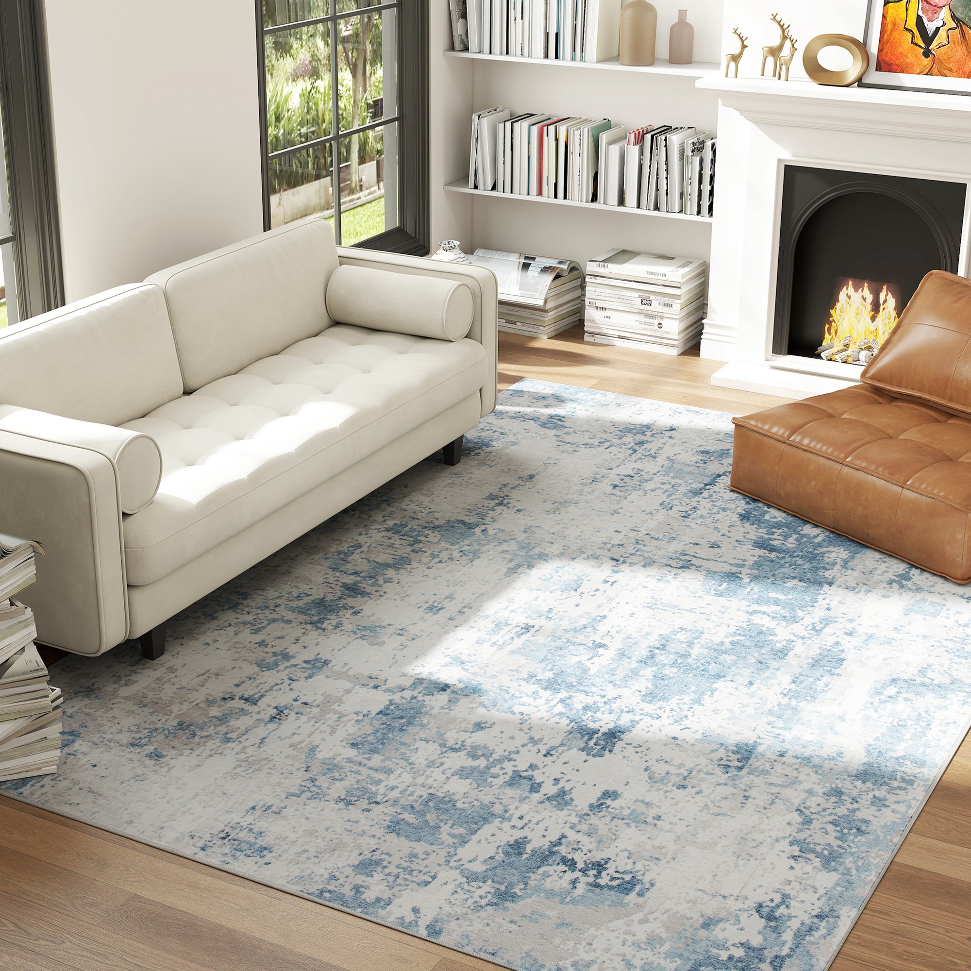 Tapis 8x10 lavable, motif moderne bleu, anti-glissement