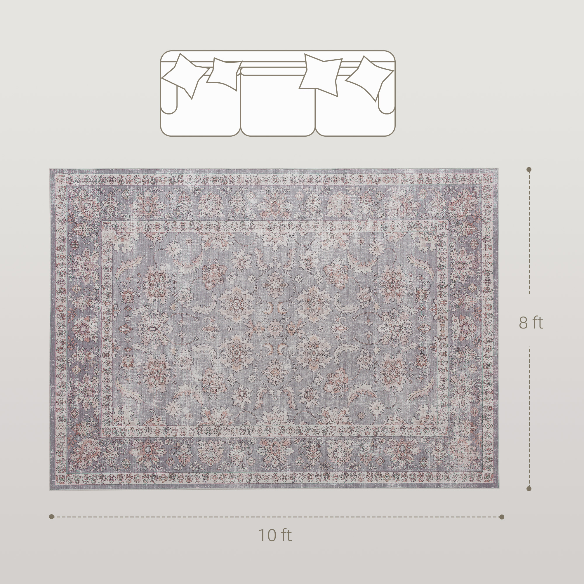 Tapis 8x10 lavable motif fleur gris brun