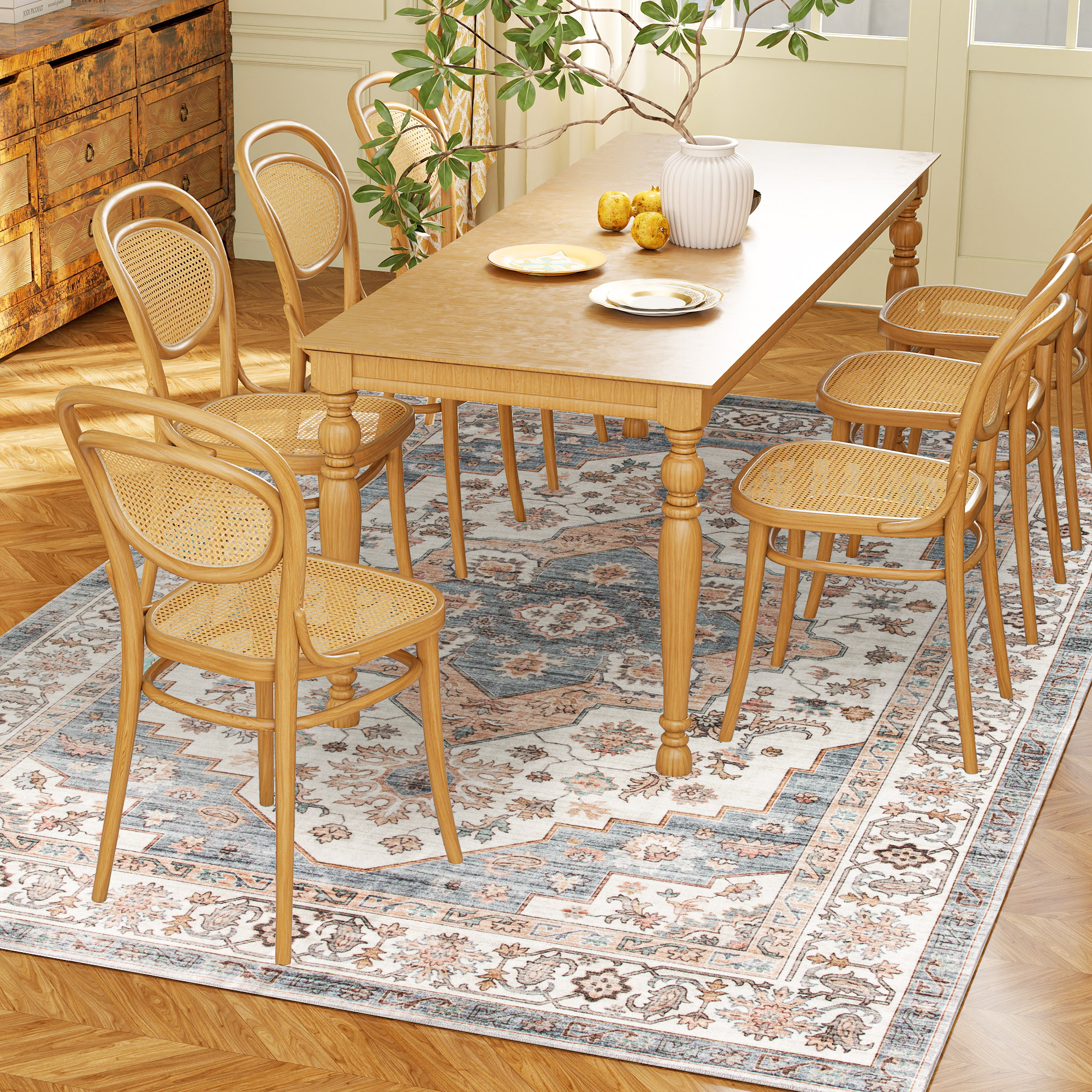 Tapis 4x6 lavable vintage antidérapant brun bleu clair