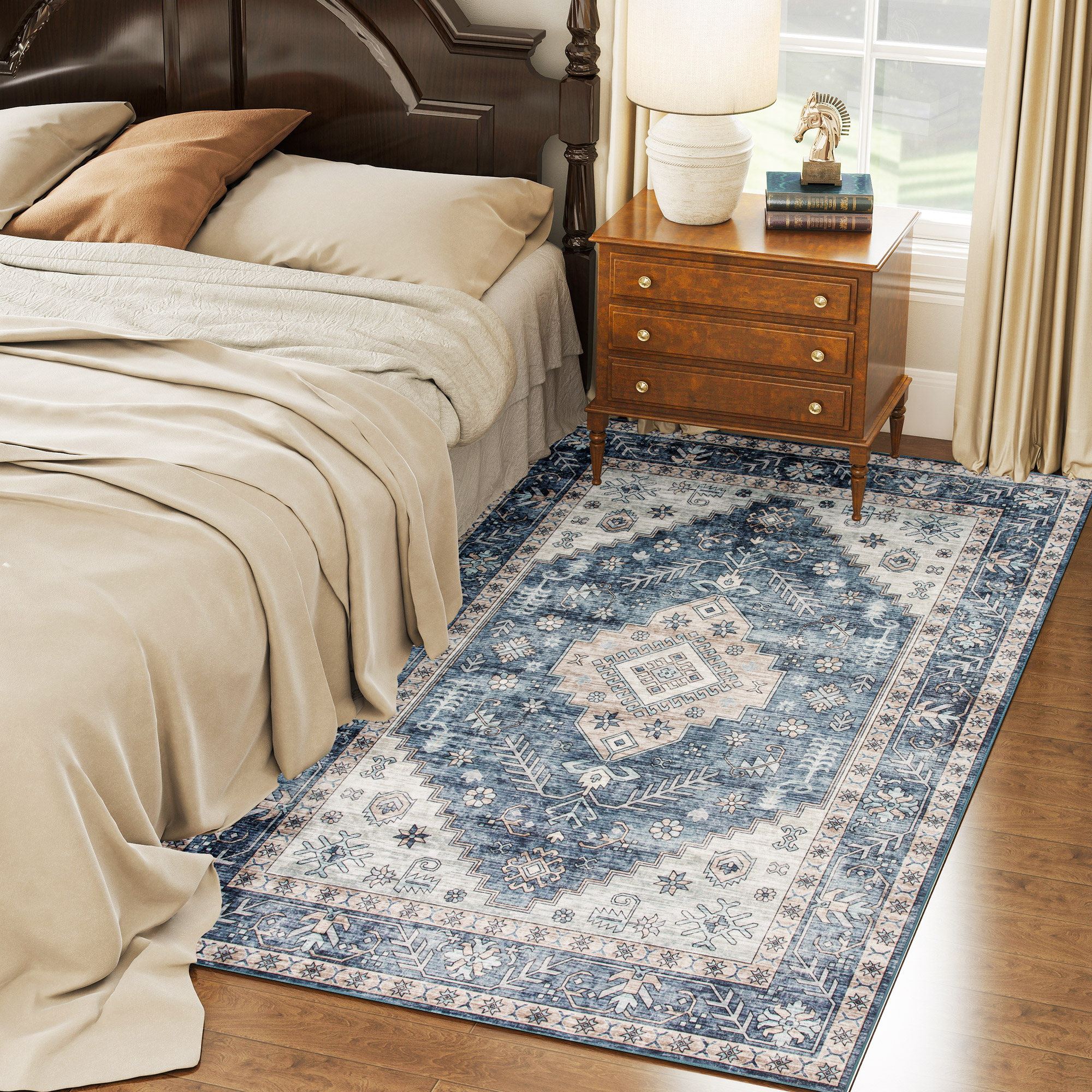 Tapis 4x6 lavable vintage antidérapant bleu salon chambre