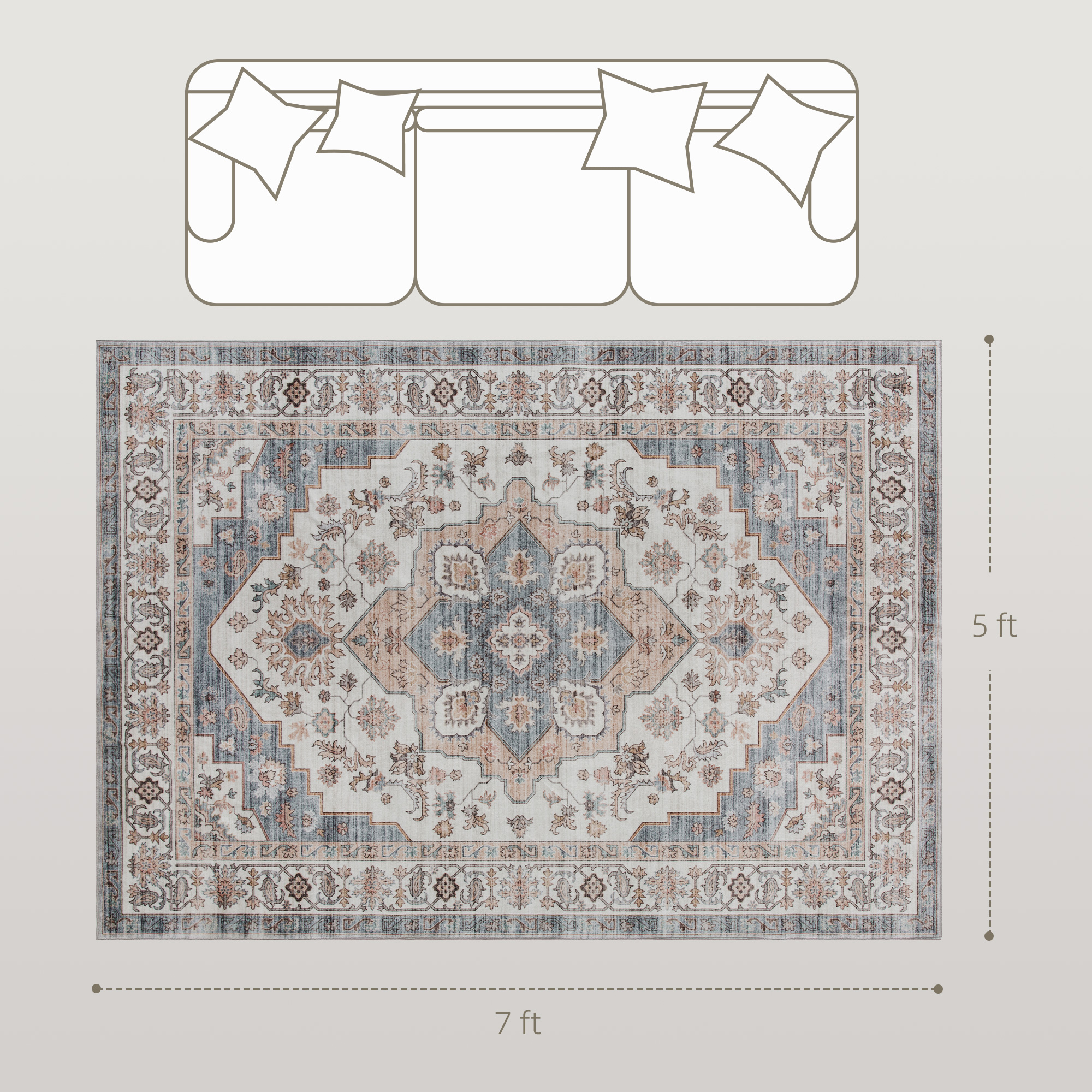 Tapis 5x7 vintage lavable brun bleu clair