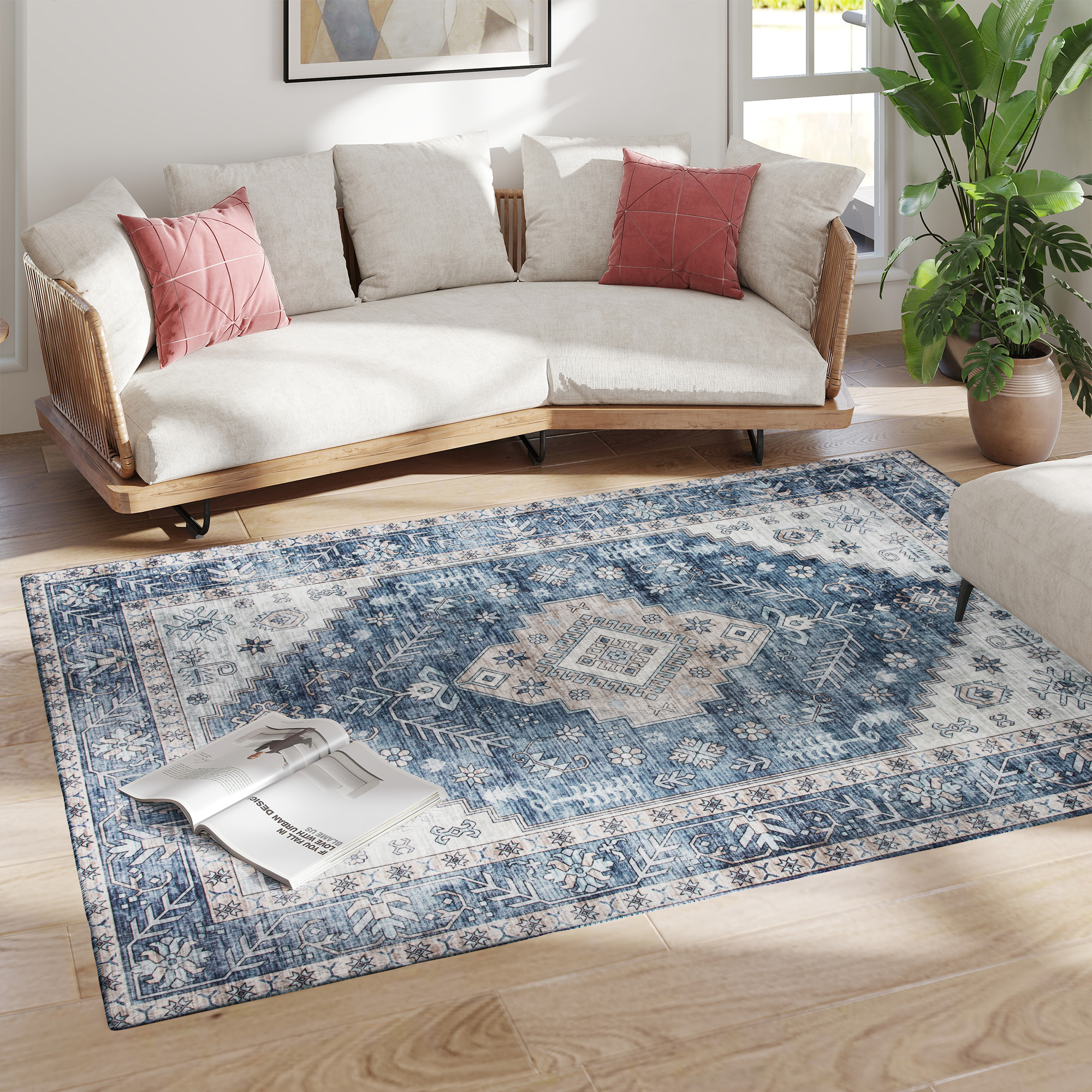 Tapis 5x7 lavable vintage antidérapant bleu