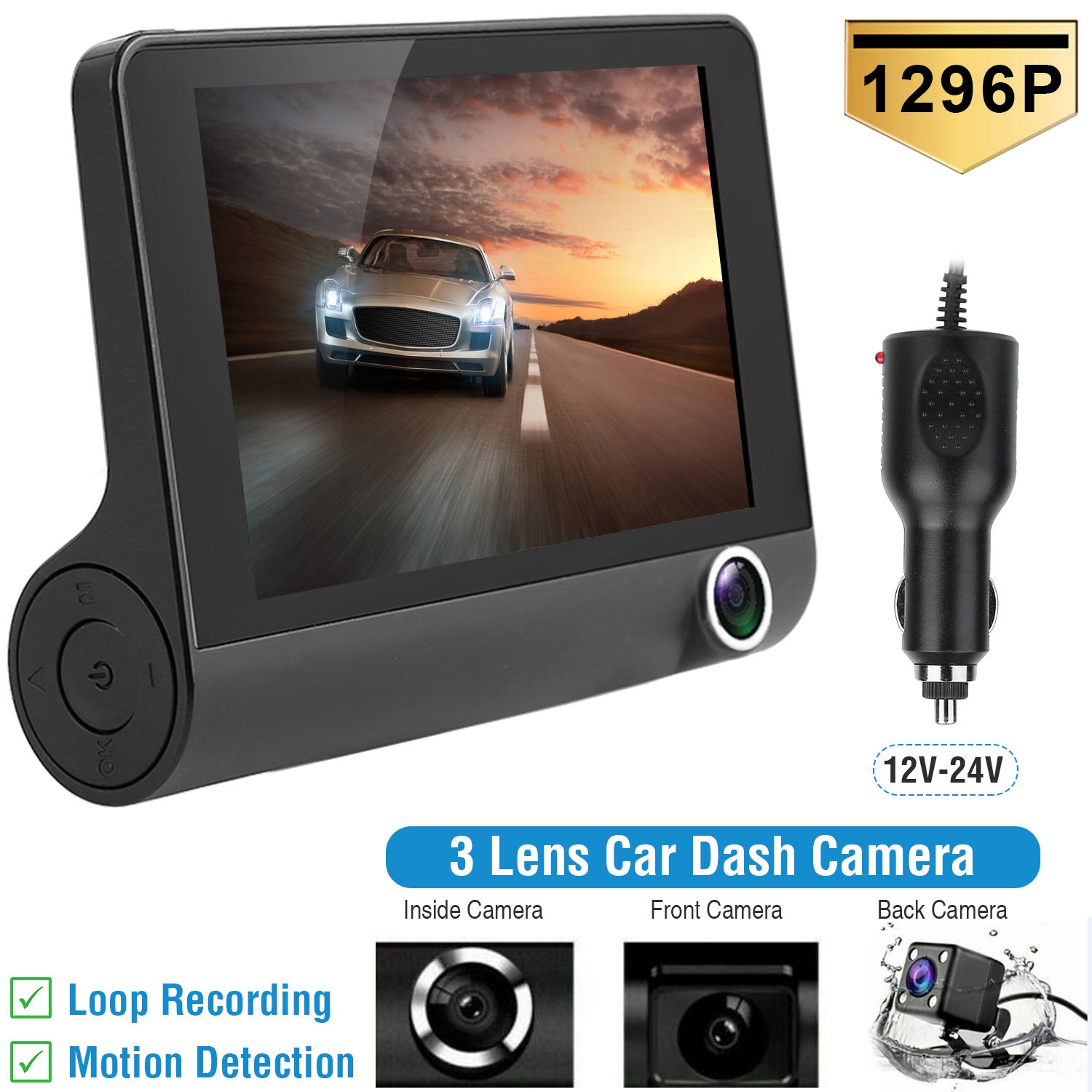Caméra DVR voiture 1296P 4po 3 lentilles enregistrement continu