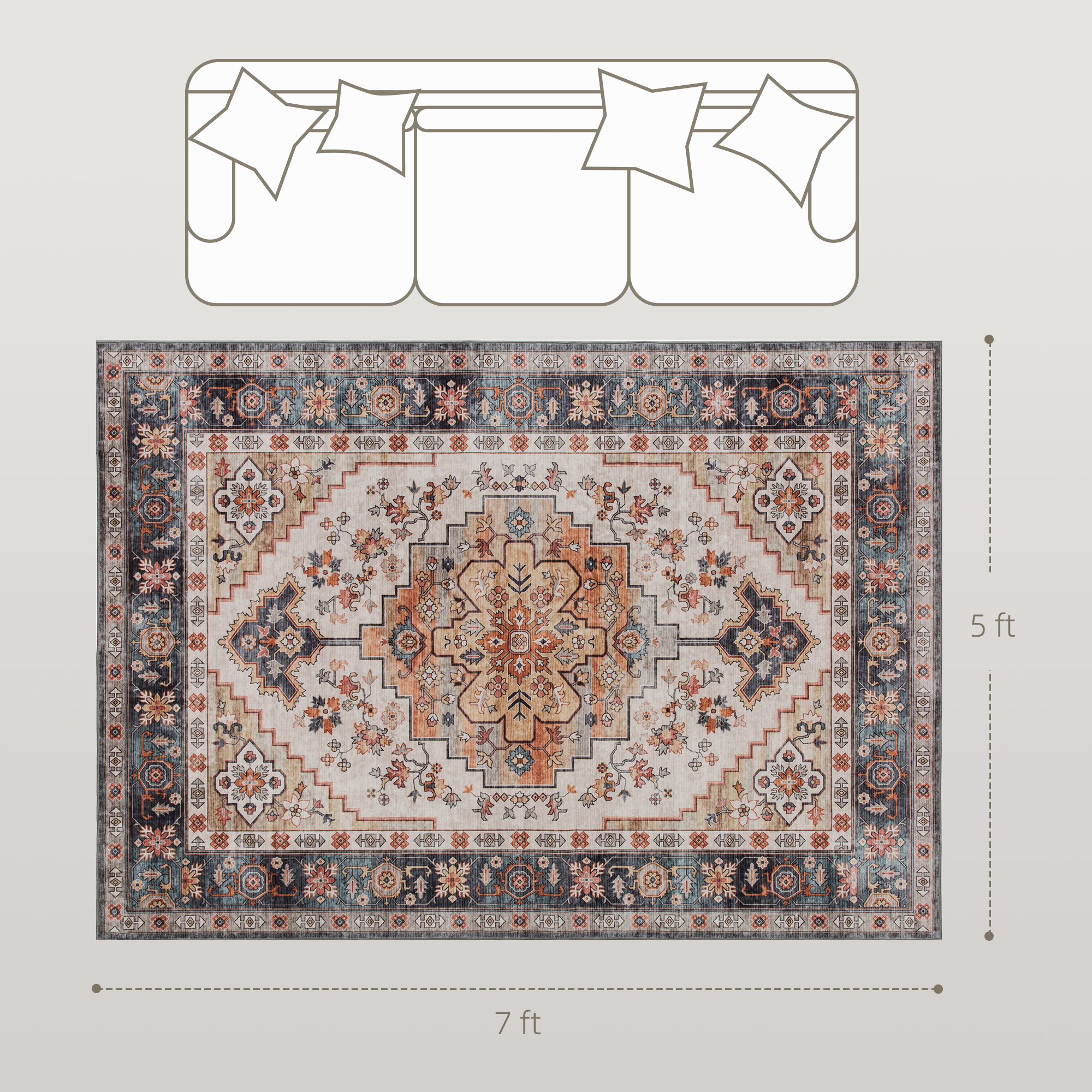 Tapis 5x7 lavable motif boho marron