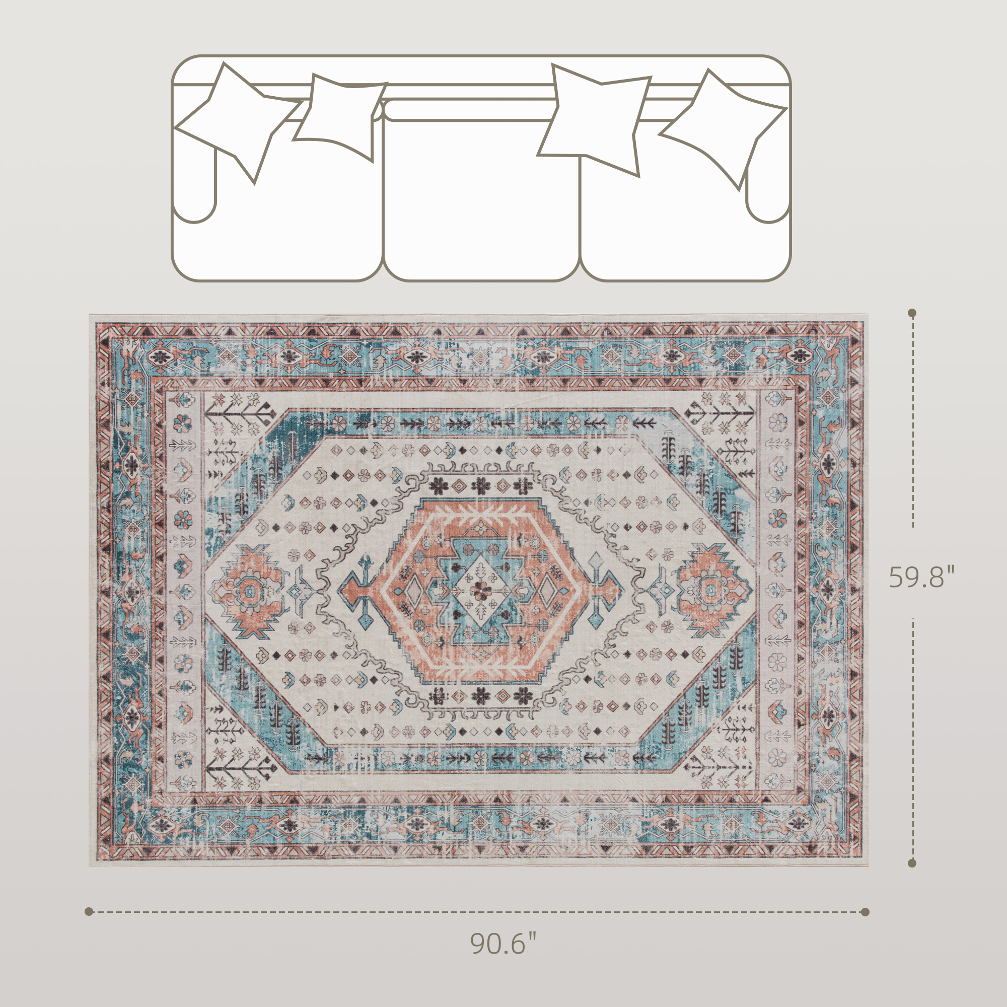 Tapis 5x7 vintage lavable machine tapis brown bleu