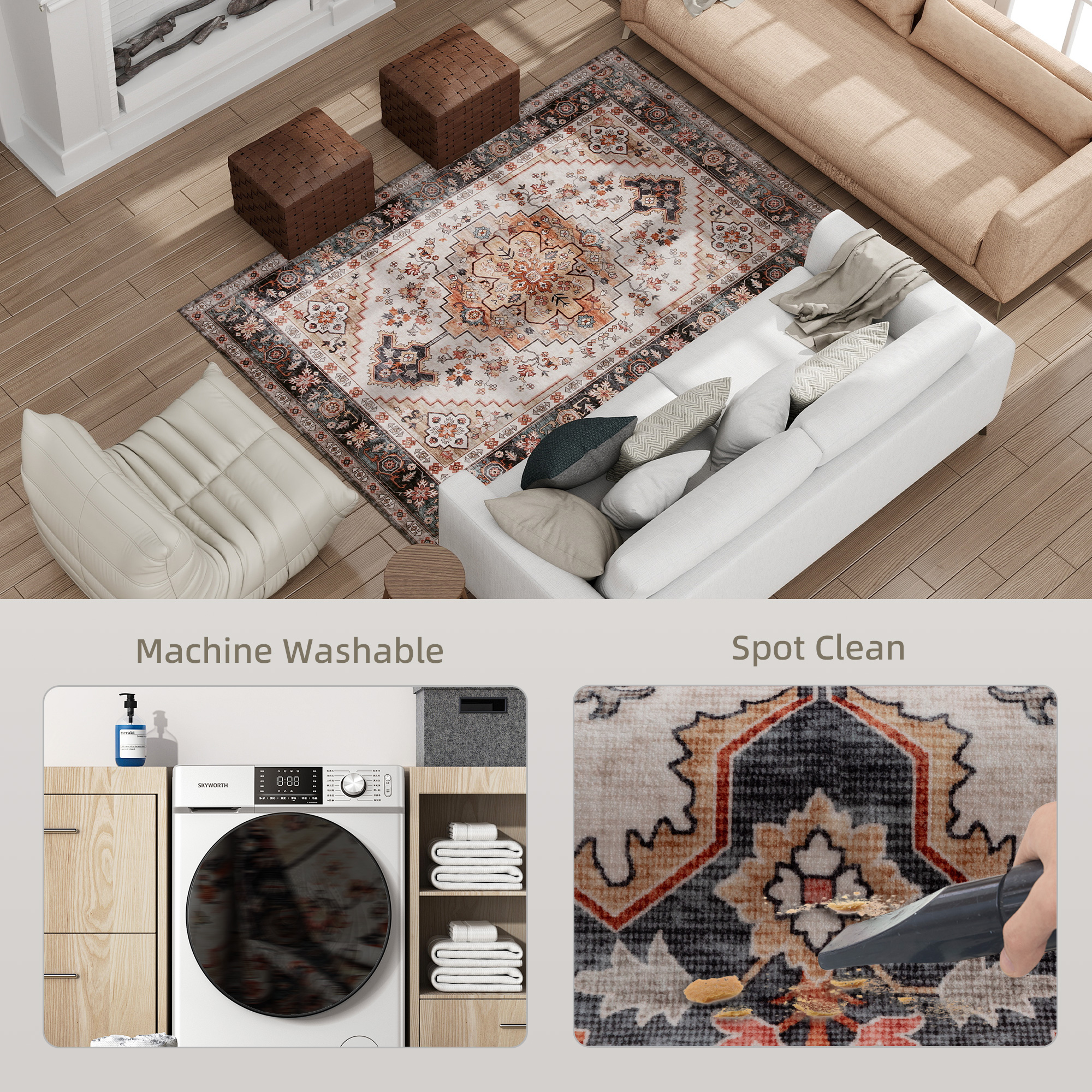 Tapis 4x6 lavable machine, motif bohème, brun fauve