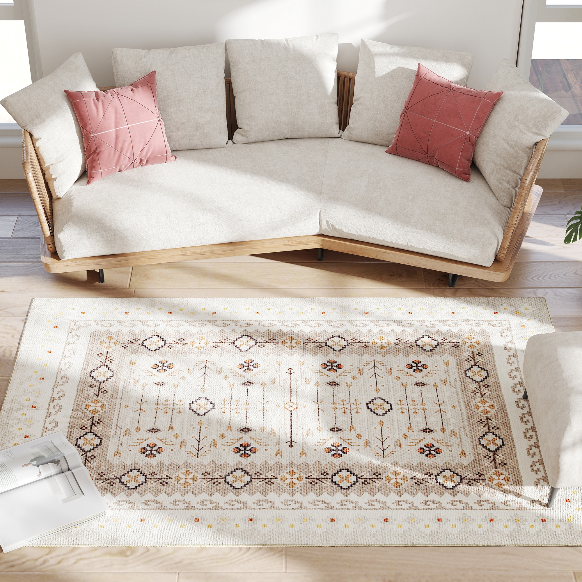 Tapis 4x6 lavable, antidérapant, bohème, marron