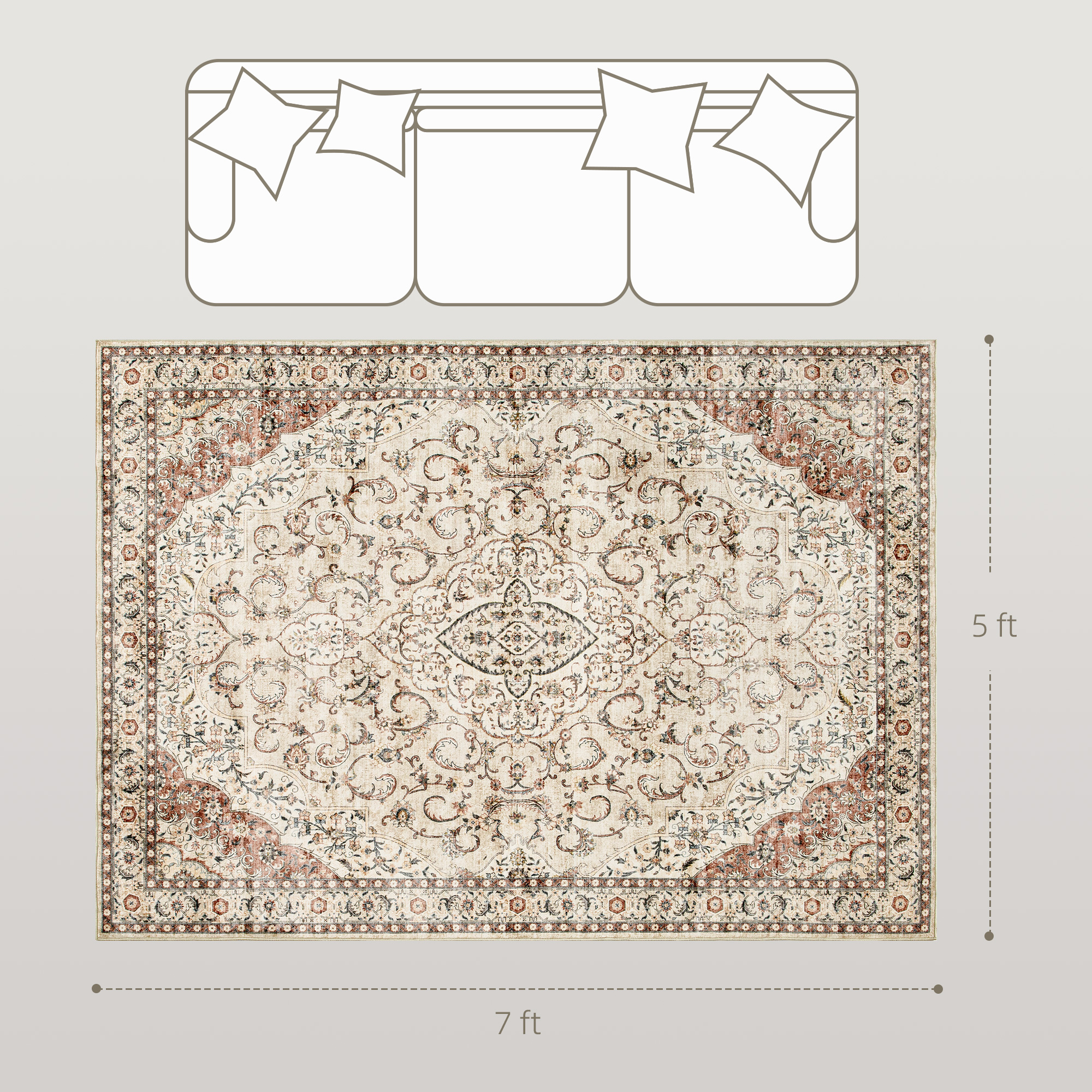 Tapis 5x7 motif floral brun machine lavable