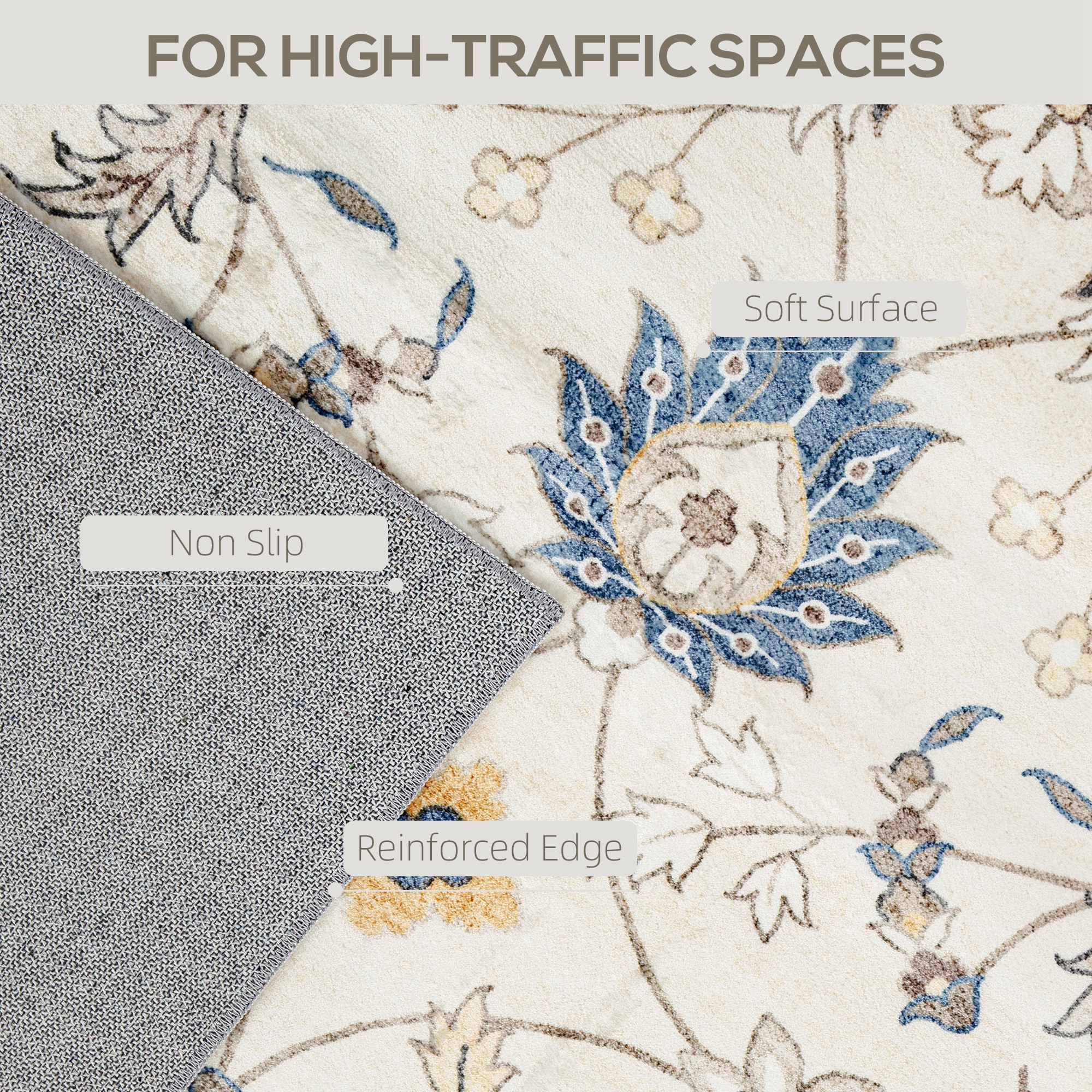 Tapis 5x7 po lavable, motif floral bohème, bleu, antidérapant