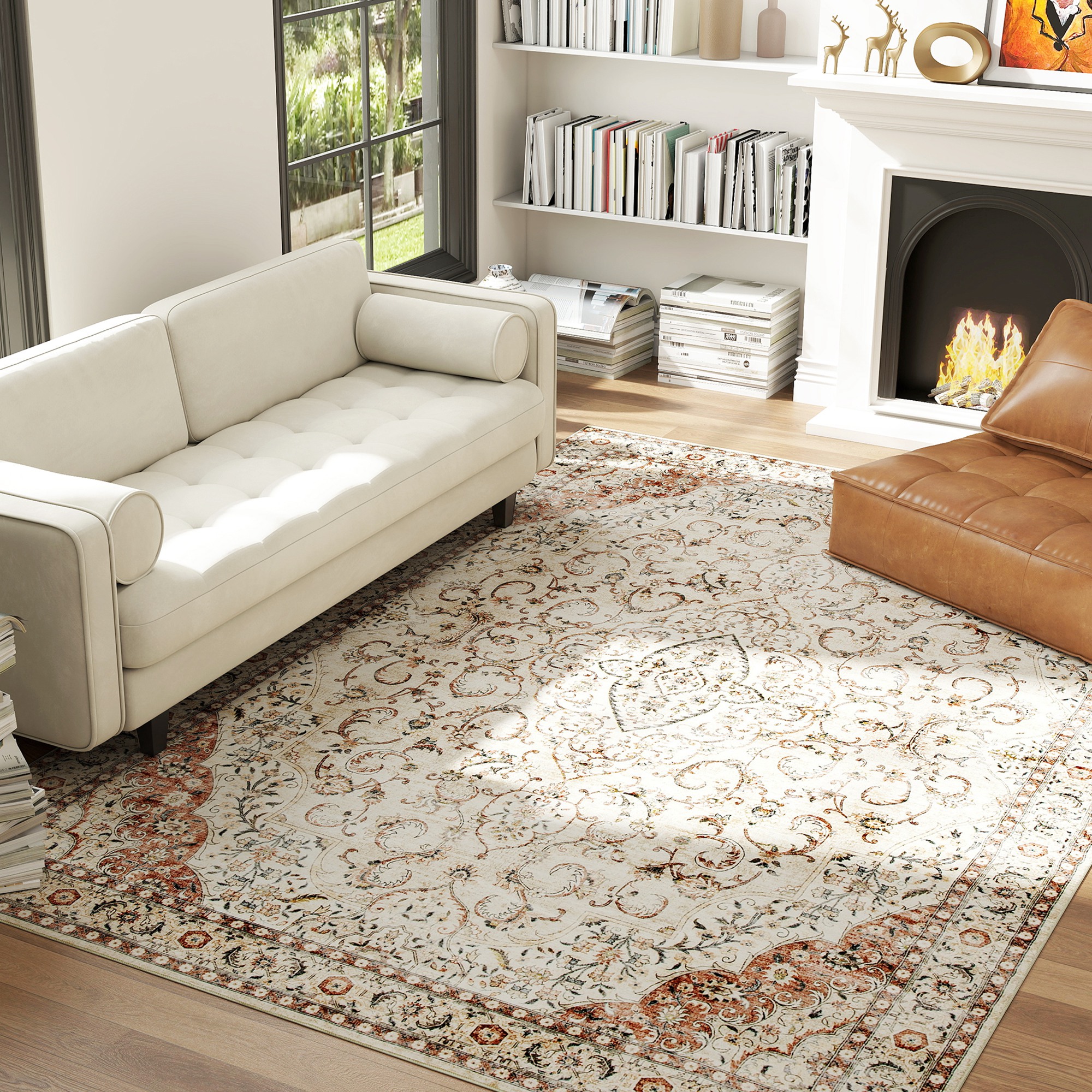 Tapis 8x10 po lavable, motif floral classique, brun mélangé