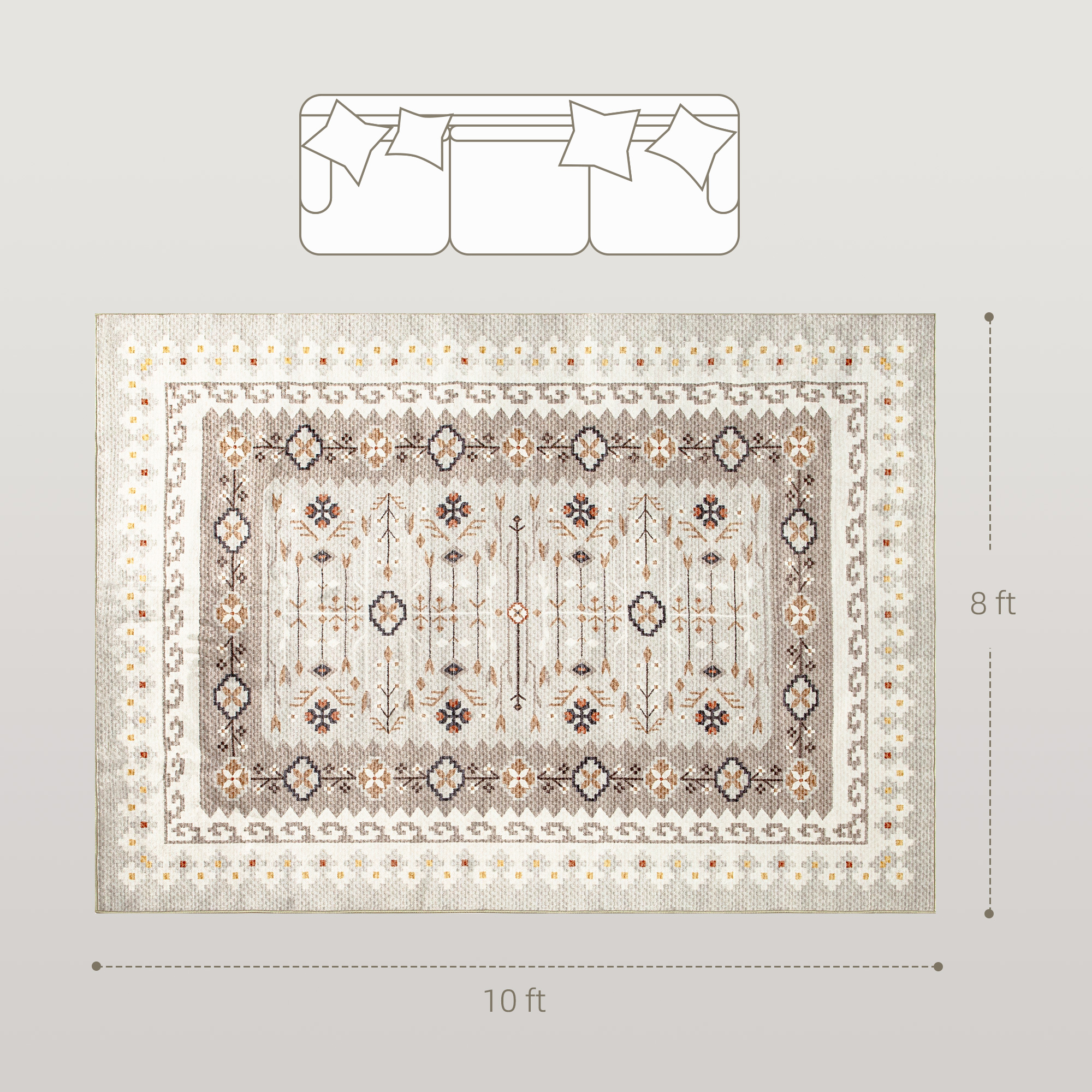 Tapis 8x10 po lavable, motif bohème, brun, antidérapant