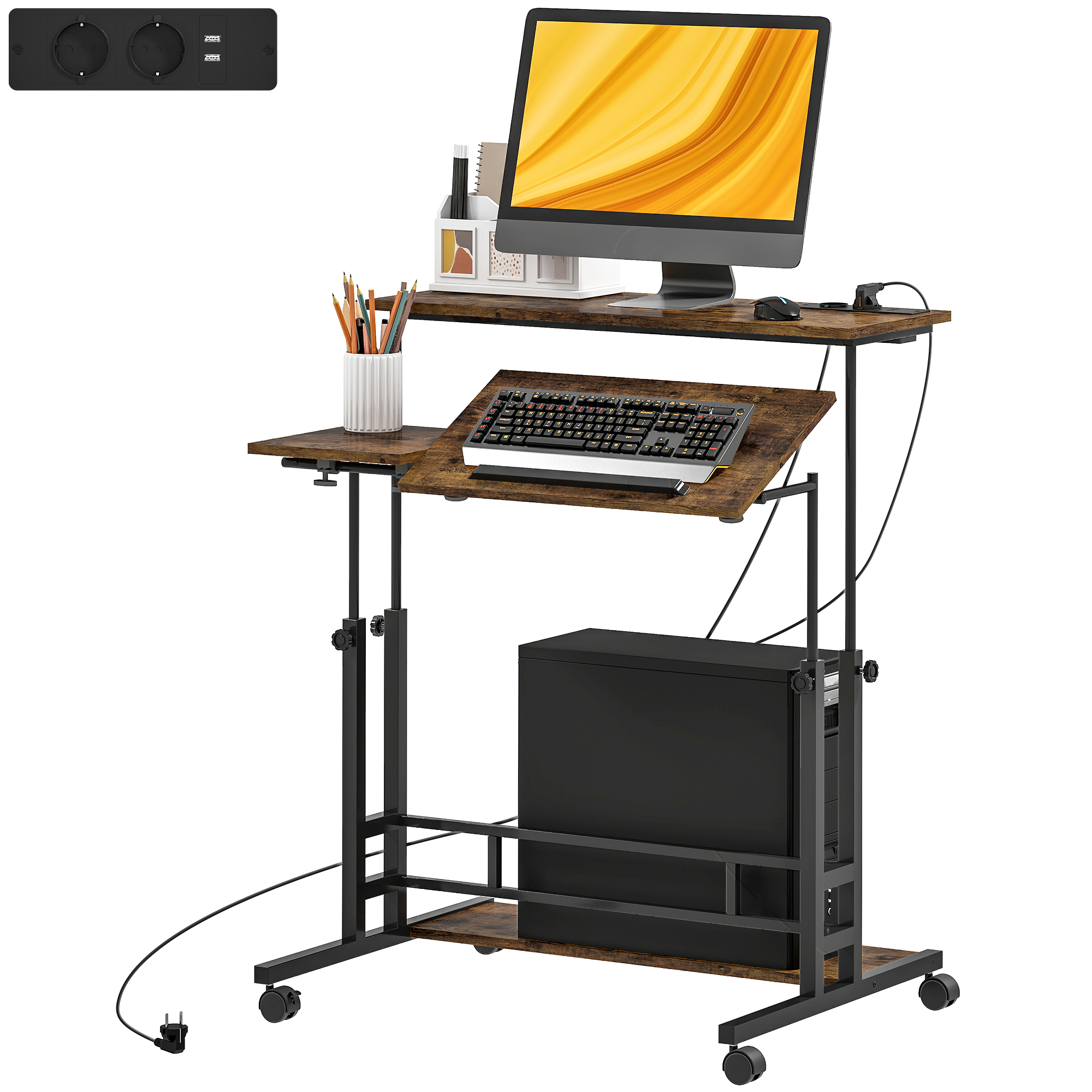 Bureau ajustable avec prises, plateau inclinable, roulettes et tablette, brun