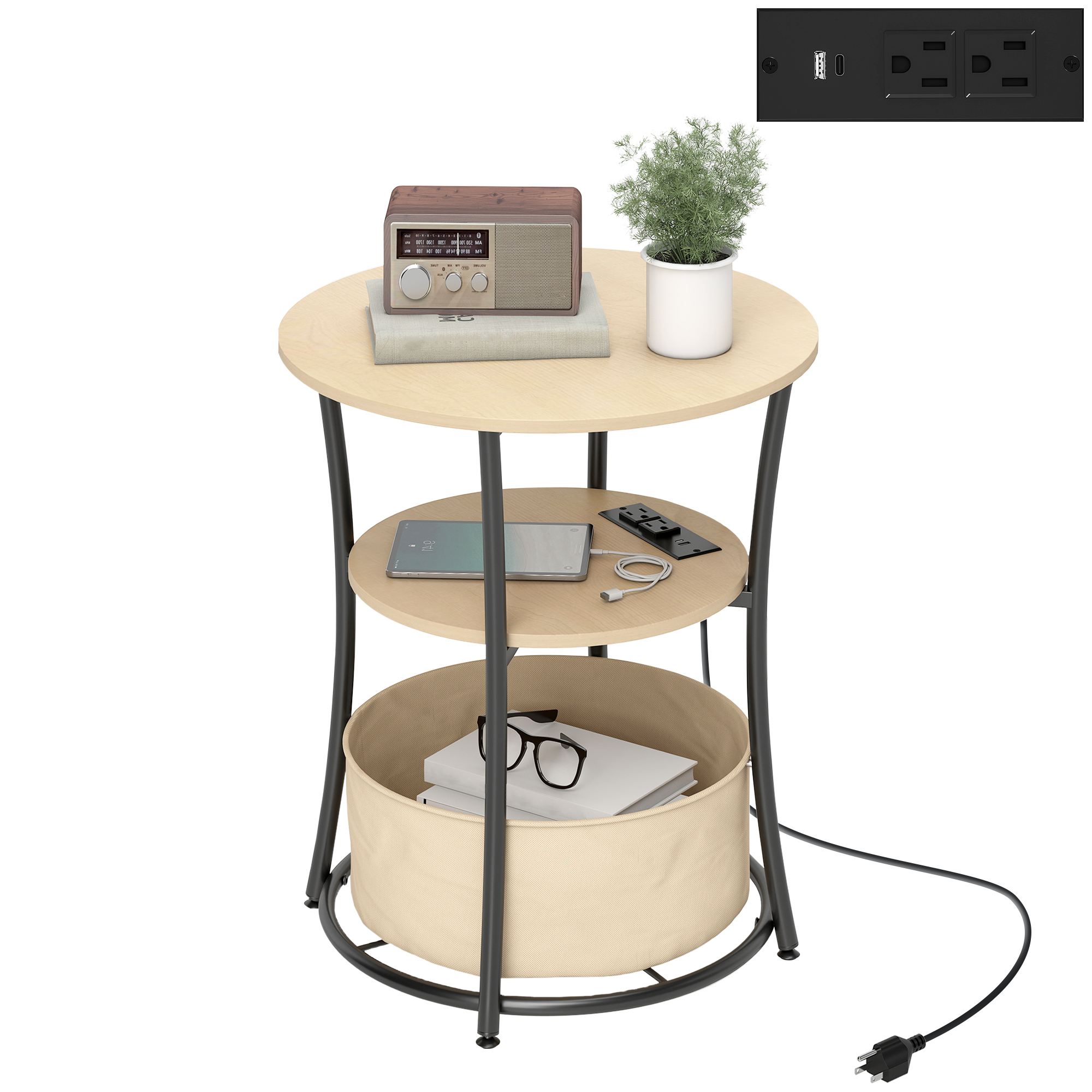 Table d'appoint rond, chargement, 3 étages tissu, bois naturel