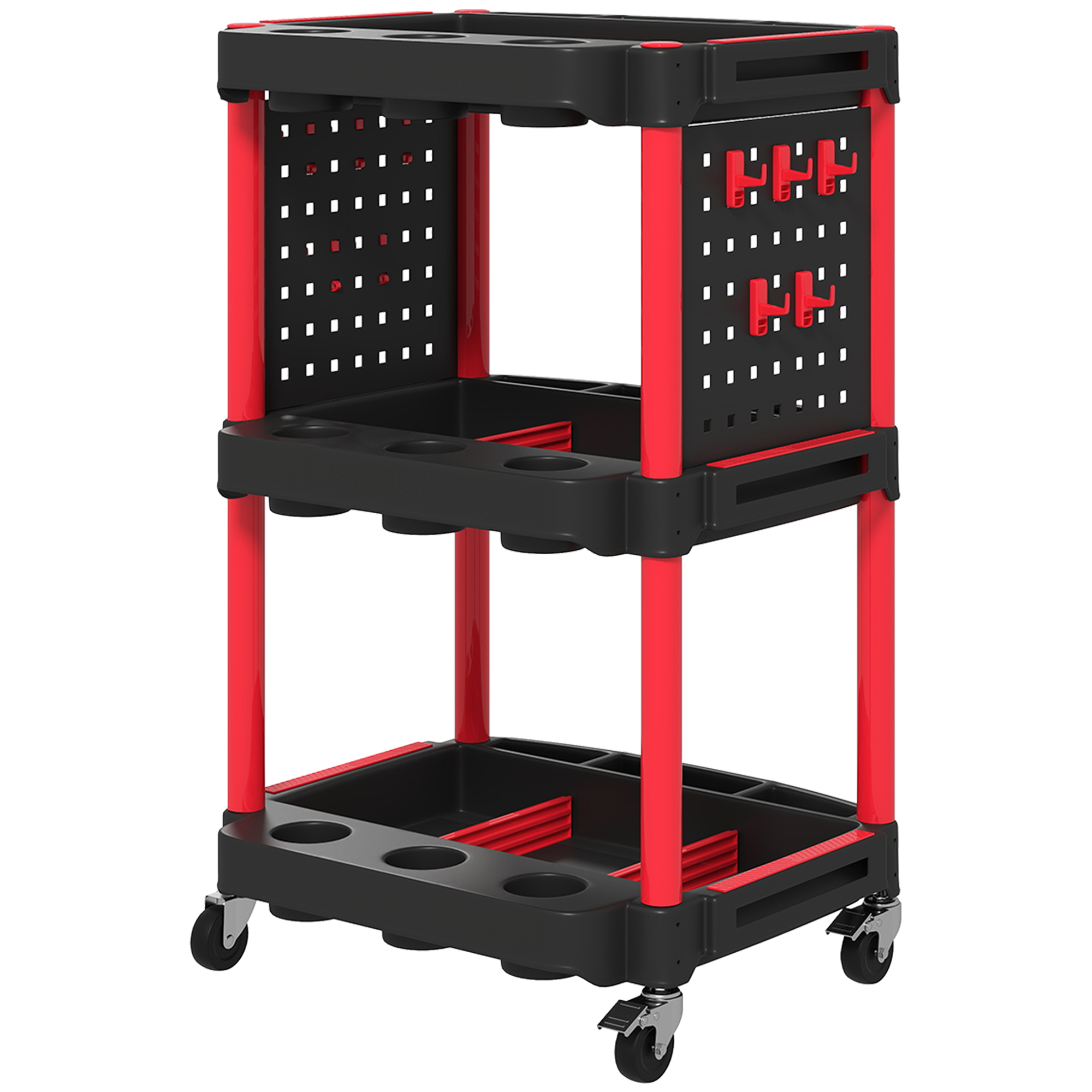 Chariot utilitaire roulant 3 étages, 200lb, noir/rouge