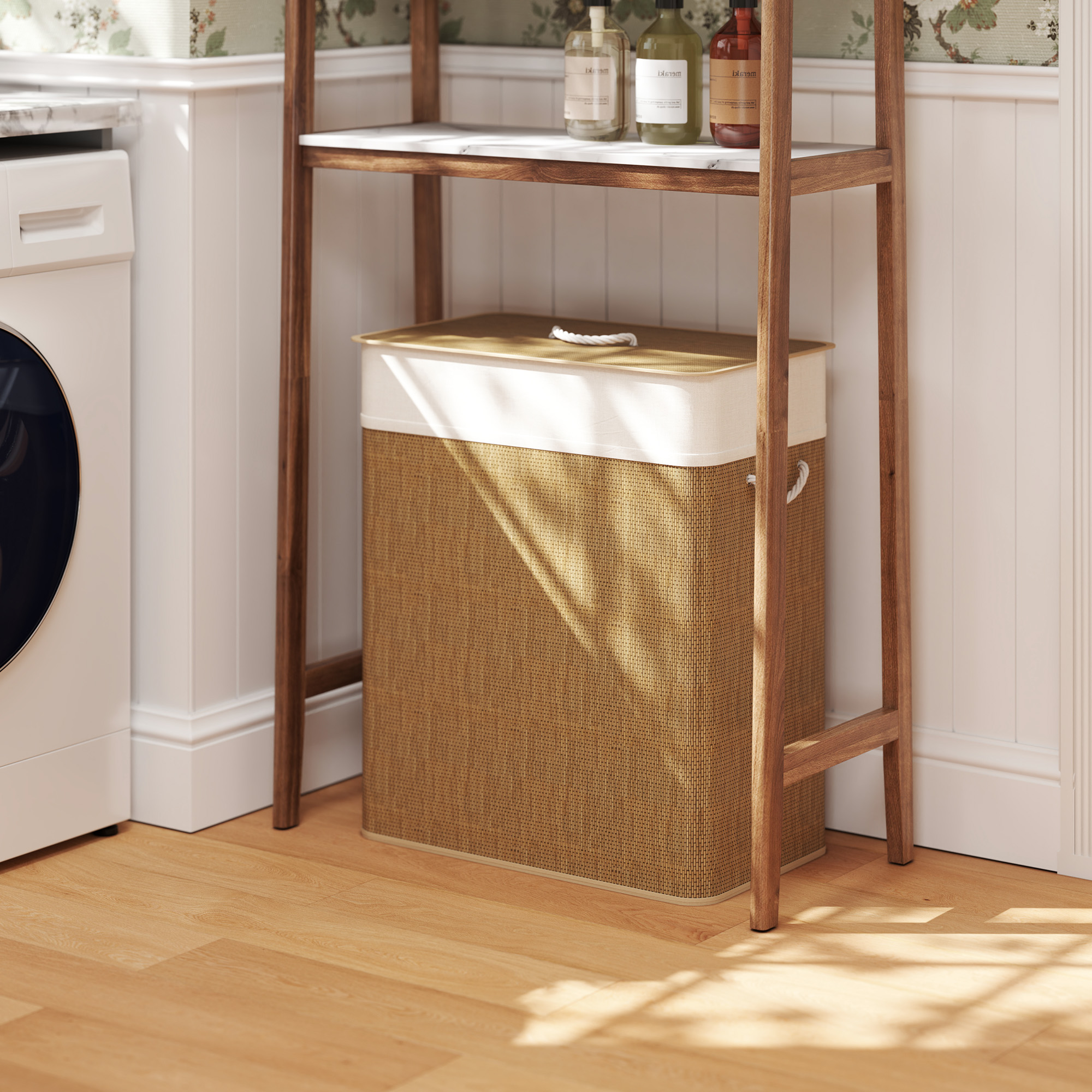 Panier linge double couvercle bambou 26,4 gal brun