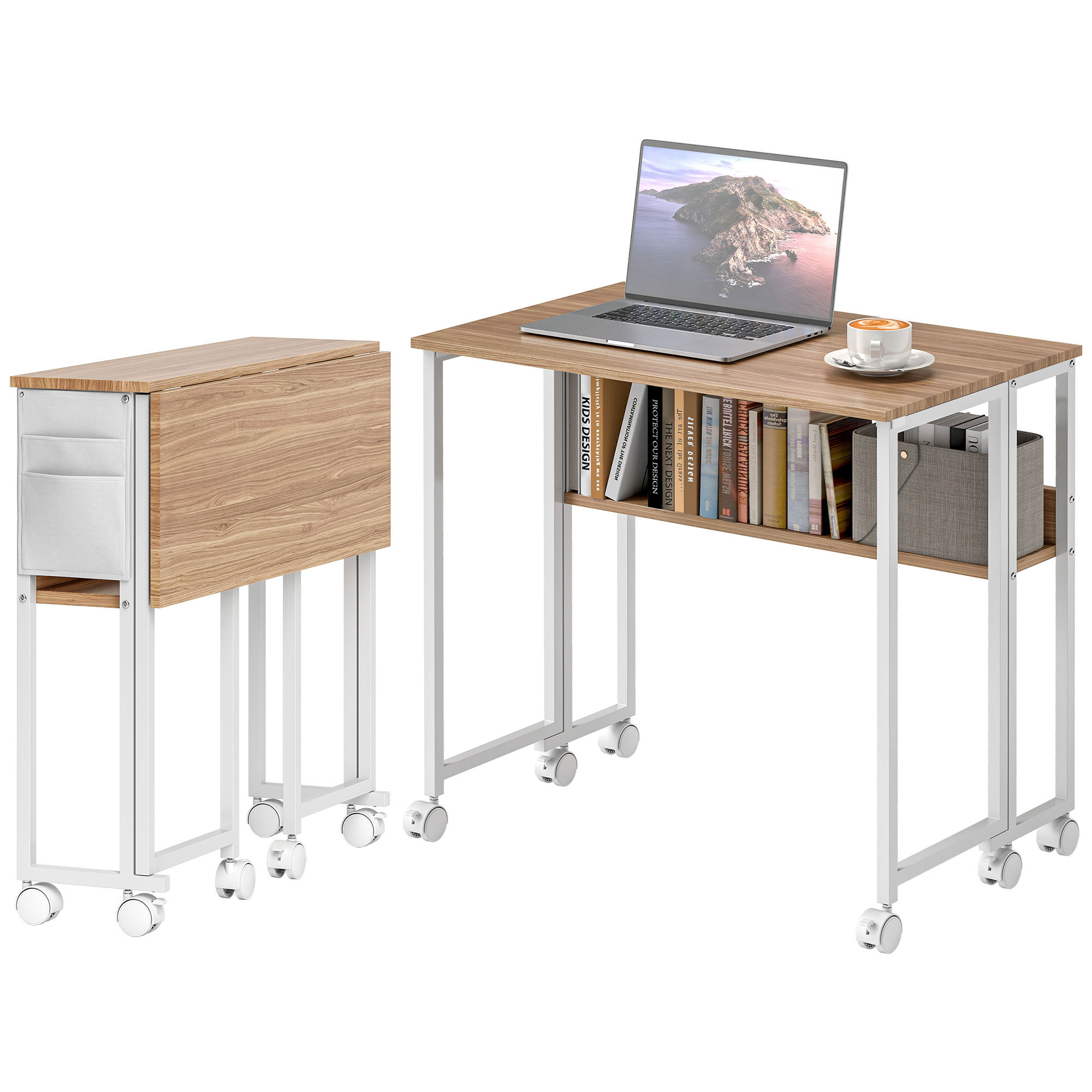 Bureau pliable rangement, sac, tablette, roulettes, bois