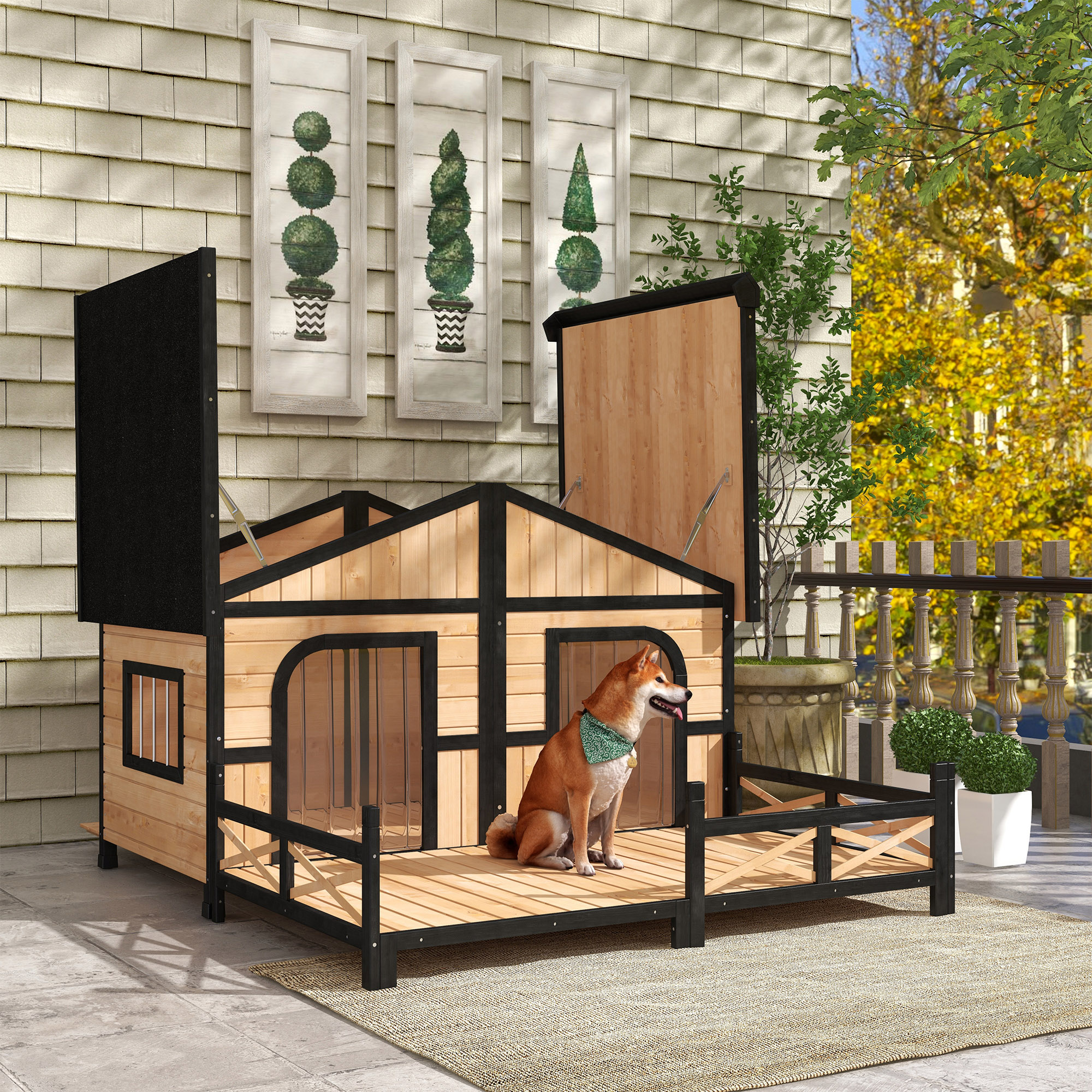 Niche Chien Bois 59x64x39 Surélevée Style Cabin Rustique