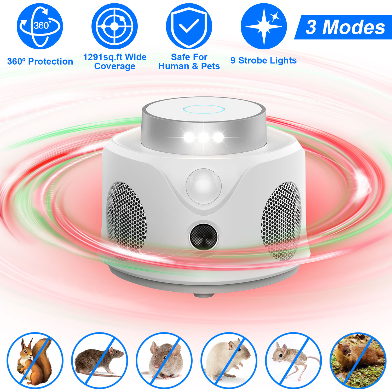 Répulsif ultrasonique rongeurs 360° 9 stroboscopes