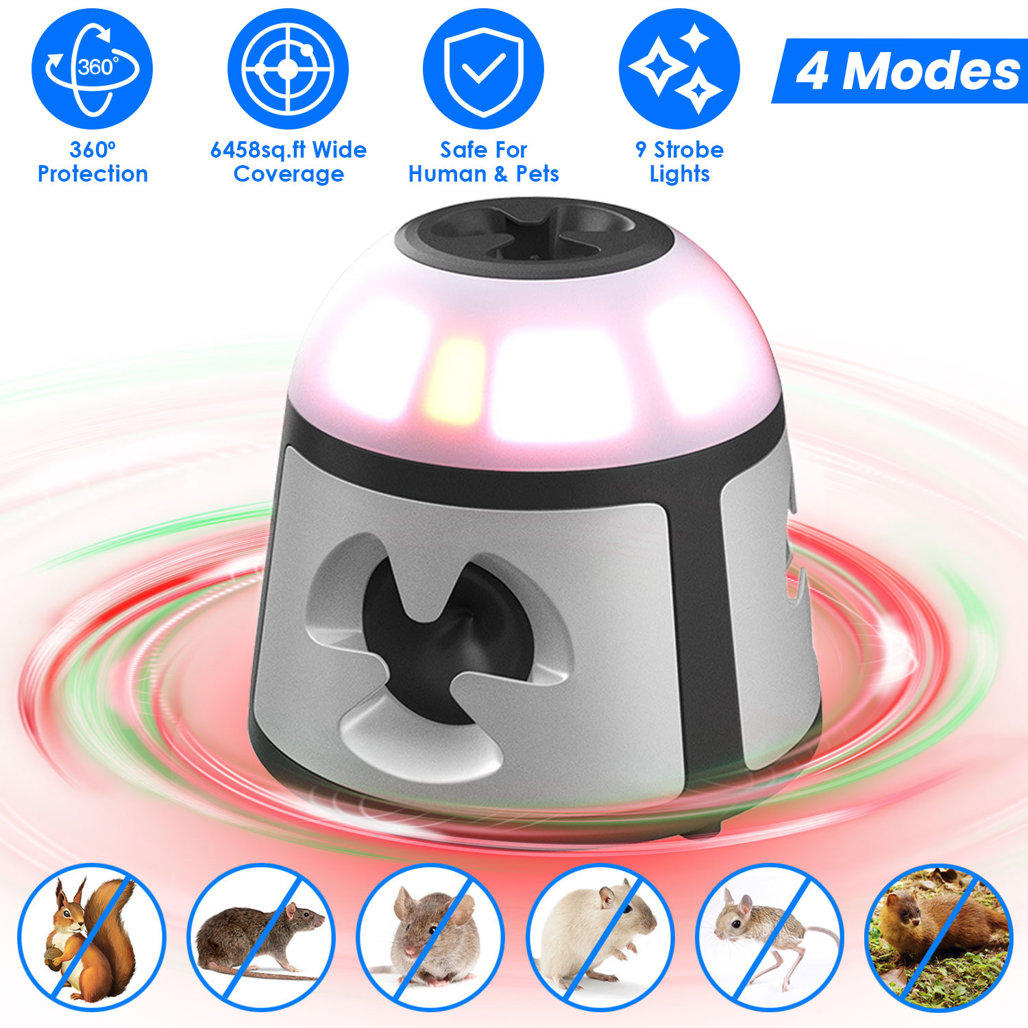 1 répulsif souris ultrasonique 360° 4 modes, 9 lumières