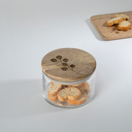 Bocal verre couvercle bois feuillage 700 ml