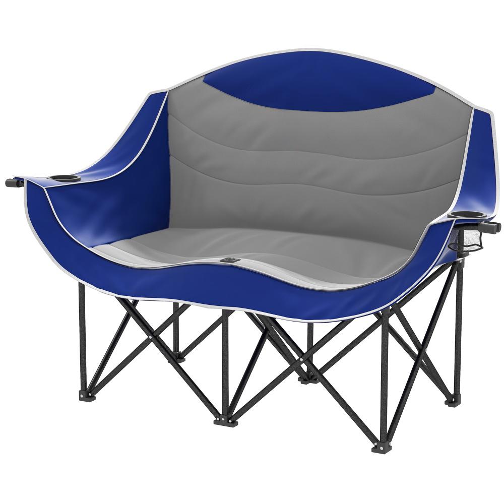 Chaise camping rembourée double bleu, porte-gobelets sac