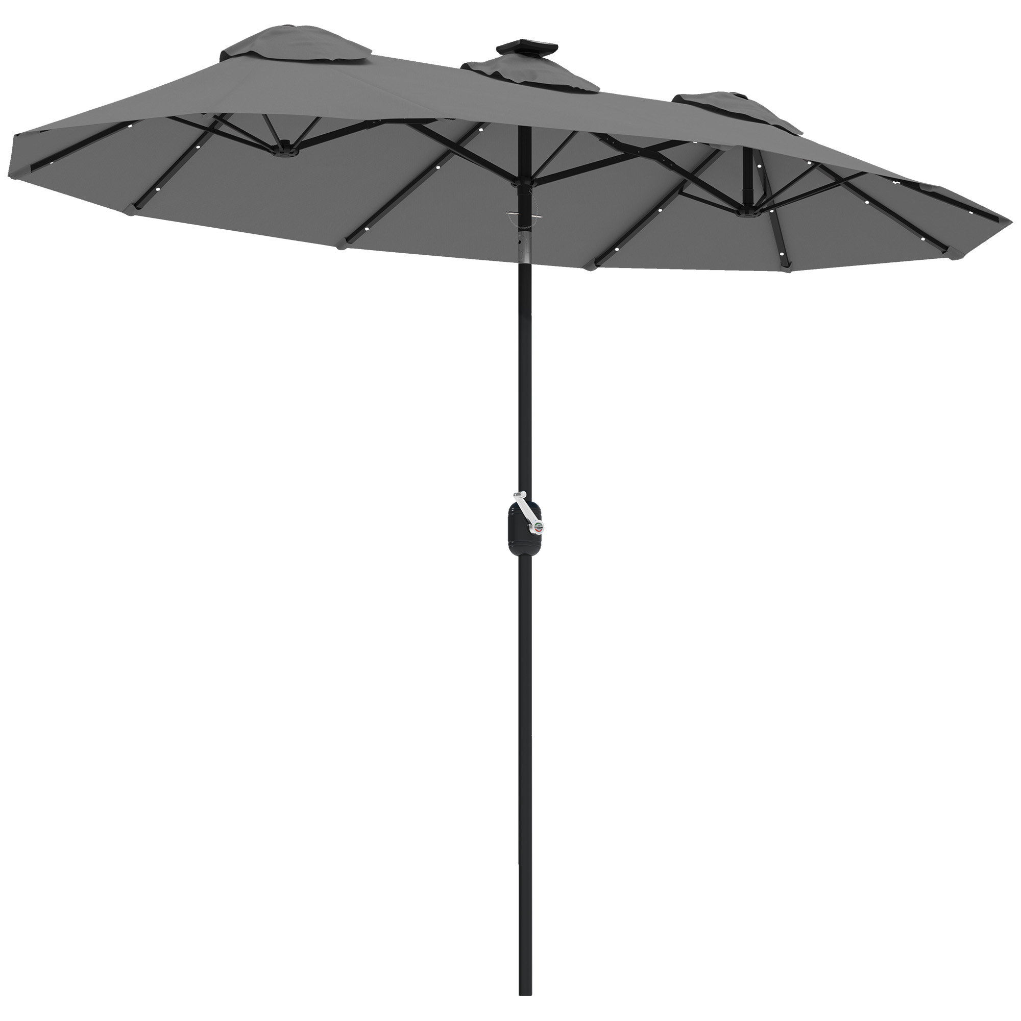 Parasol patio double face 9,7po, LED solaire, 12 côtes, gris