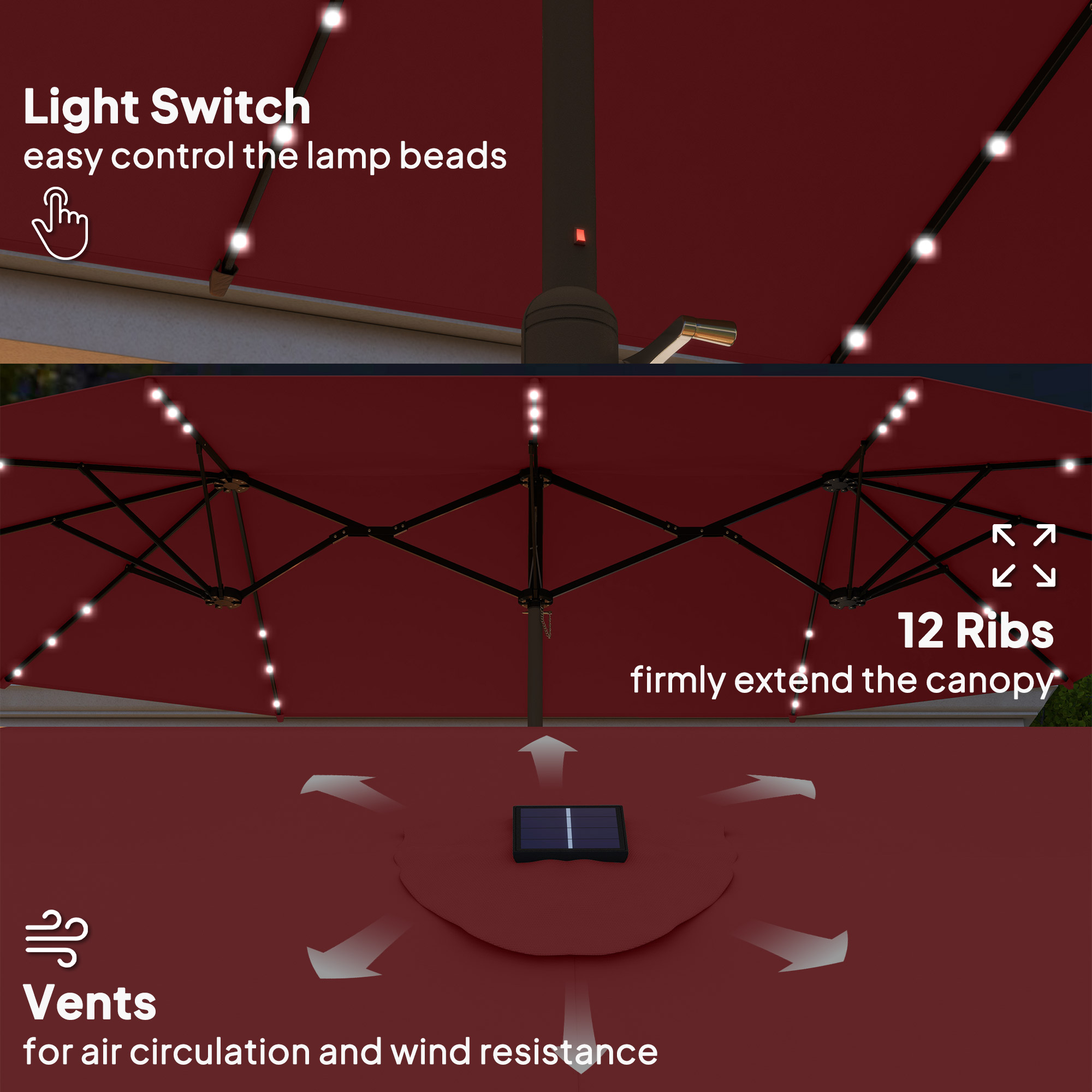 Parasol jardin 14.4pi double face LED solaire base rouge vin