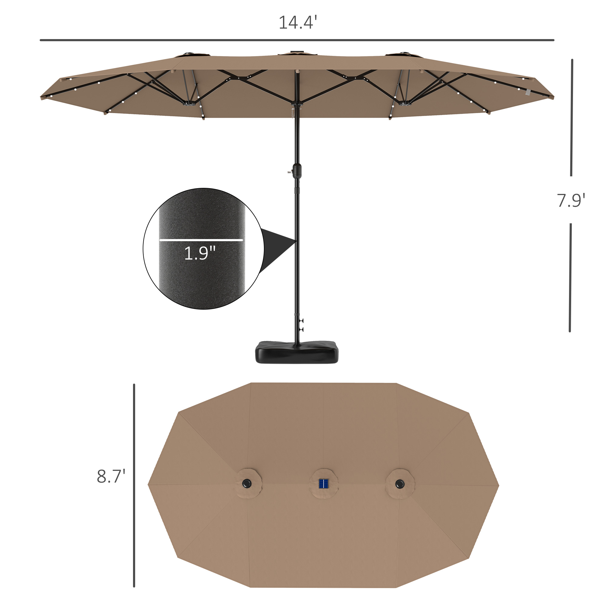 Parasol jardin 14,4 pi double face LED solaires kaki