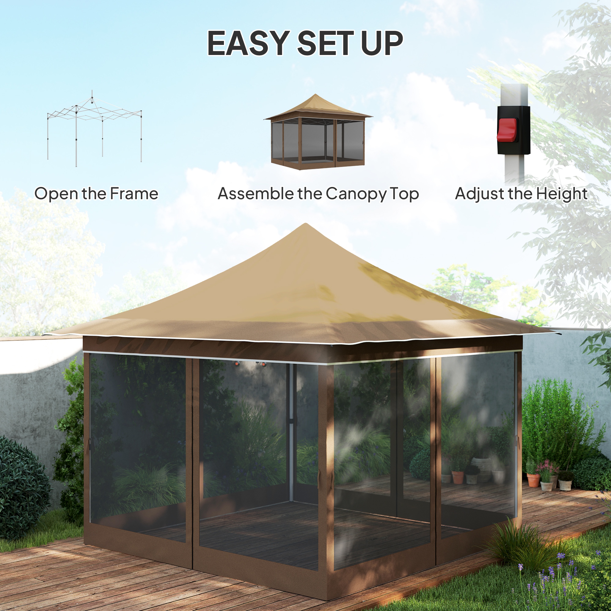 Tente pavillon 12x12 pi avec moustiquaire, sac de transport, beige