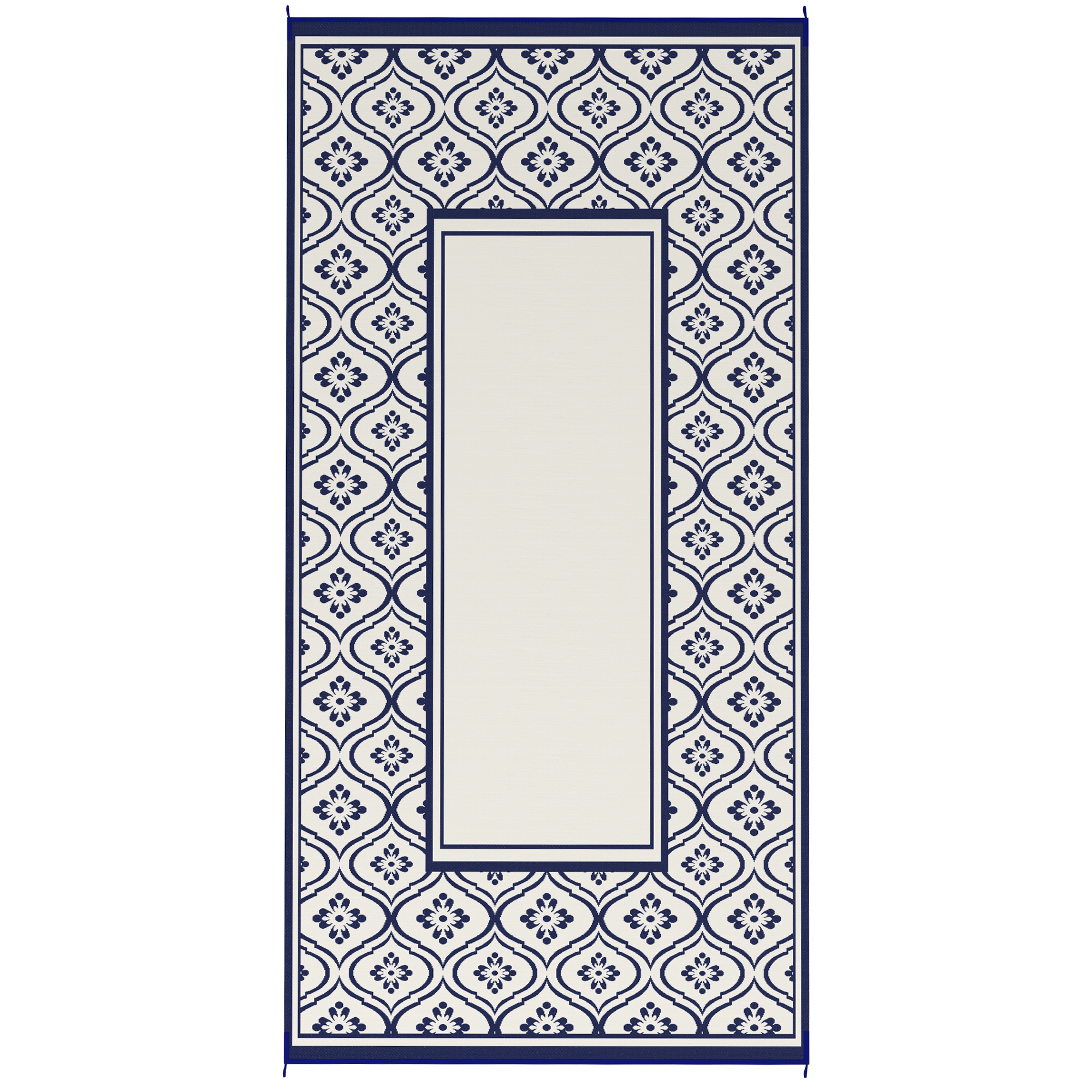 Tapis extérieur réversible 9x18 bleu blanc bordure gourde