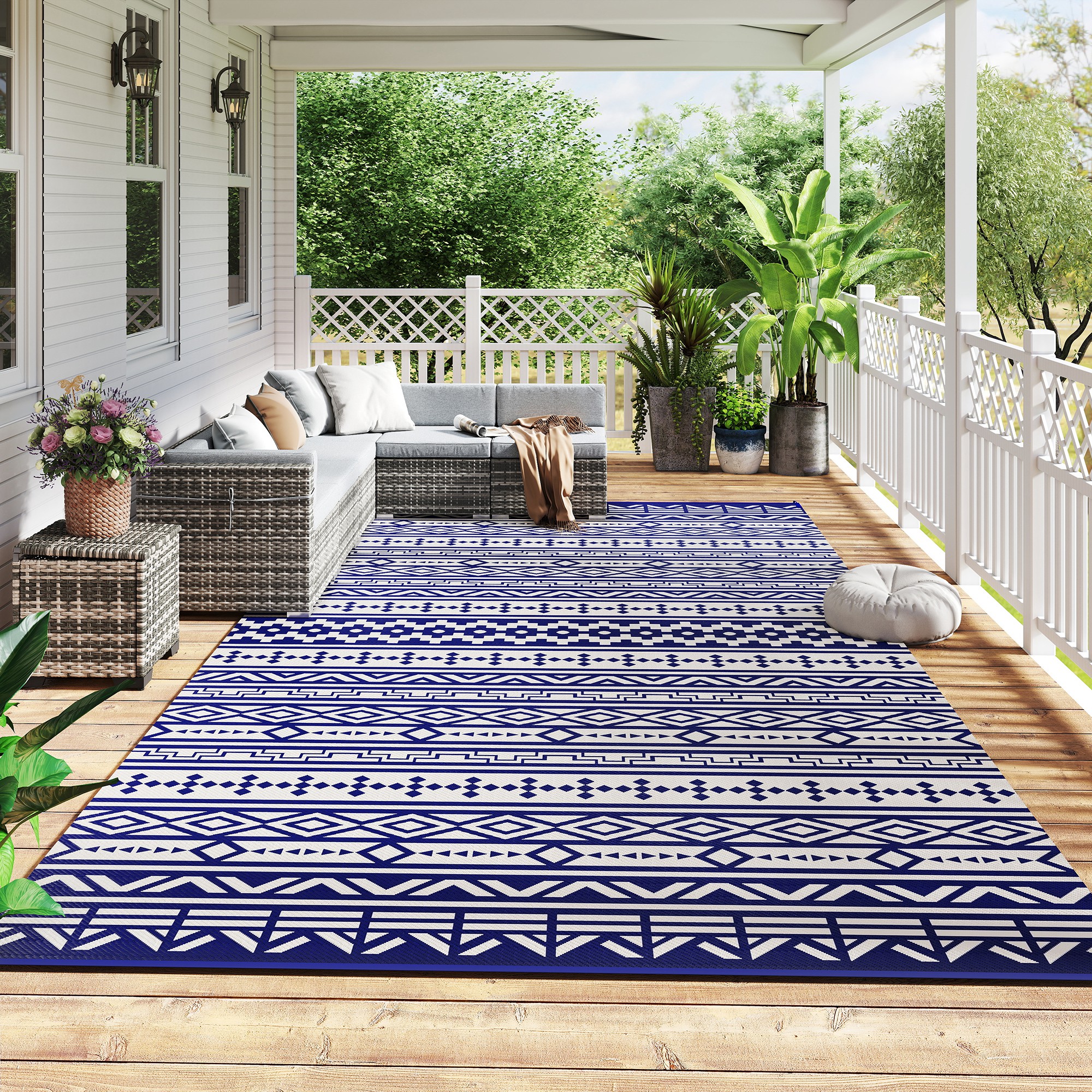 Tapis extérieur réversible 9x18 bleu blanc géométrique