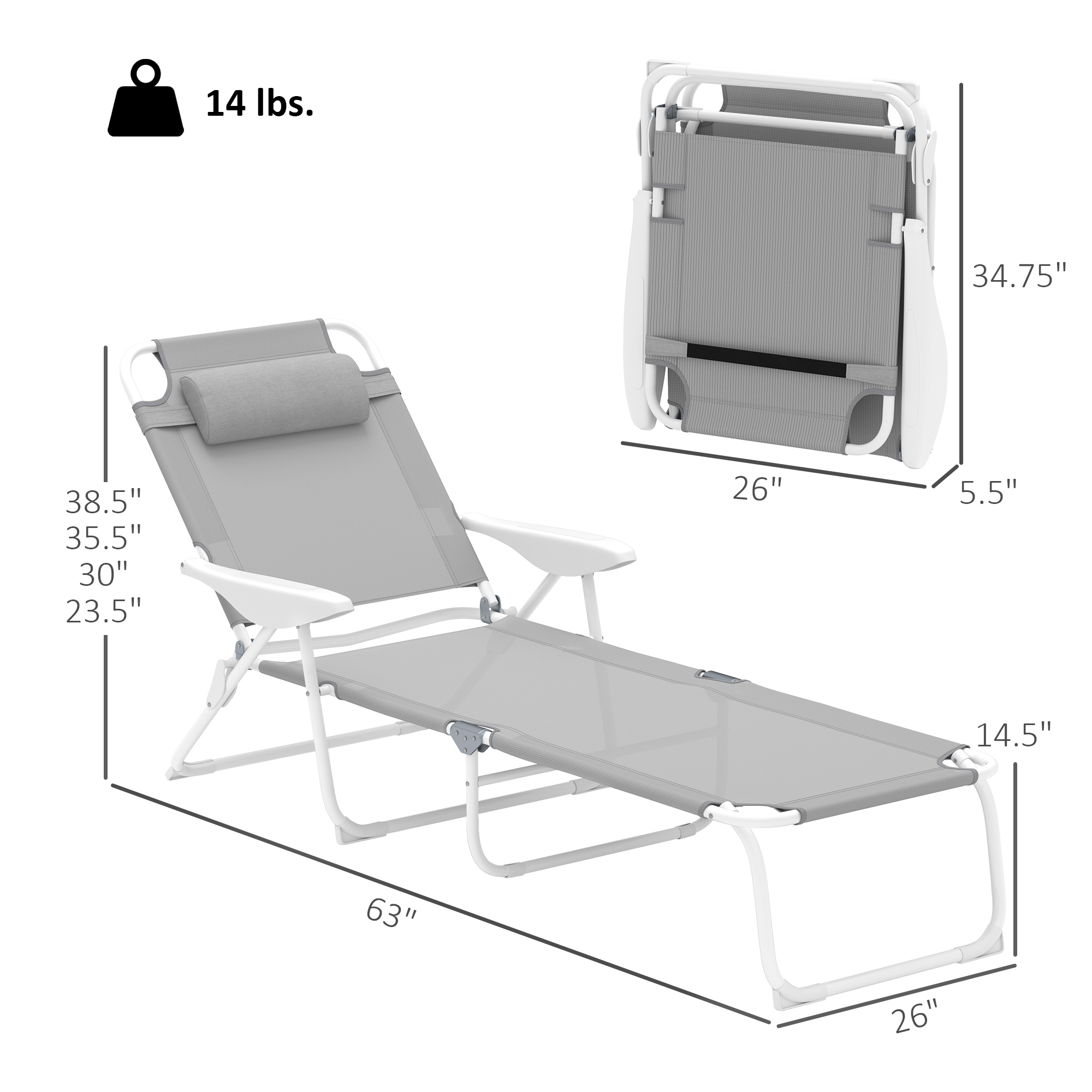 Chaise longue pliante extérieure grise 4 positions oreiller