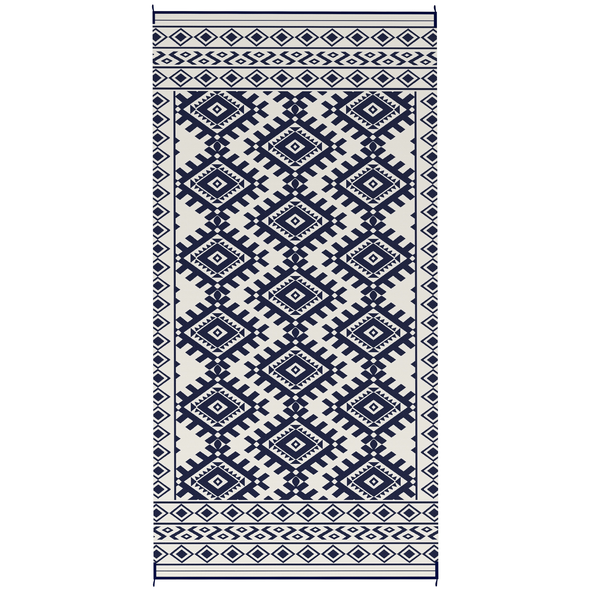 Tapis extérieur réversible 9 X 18, losange border bleu blanc