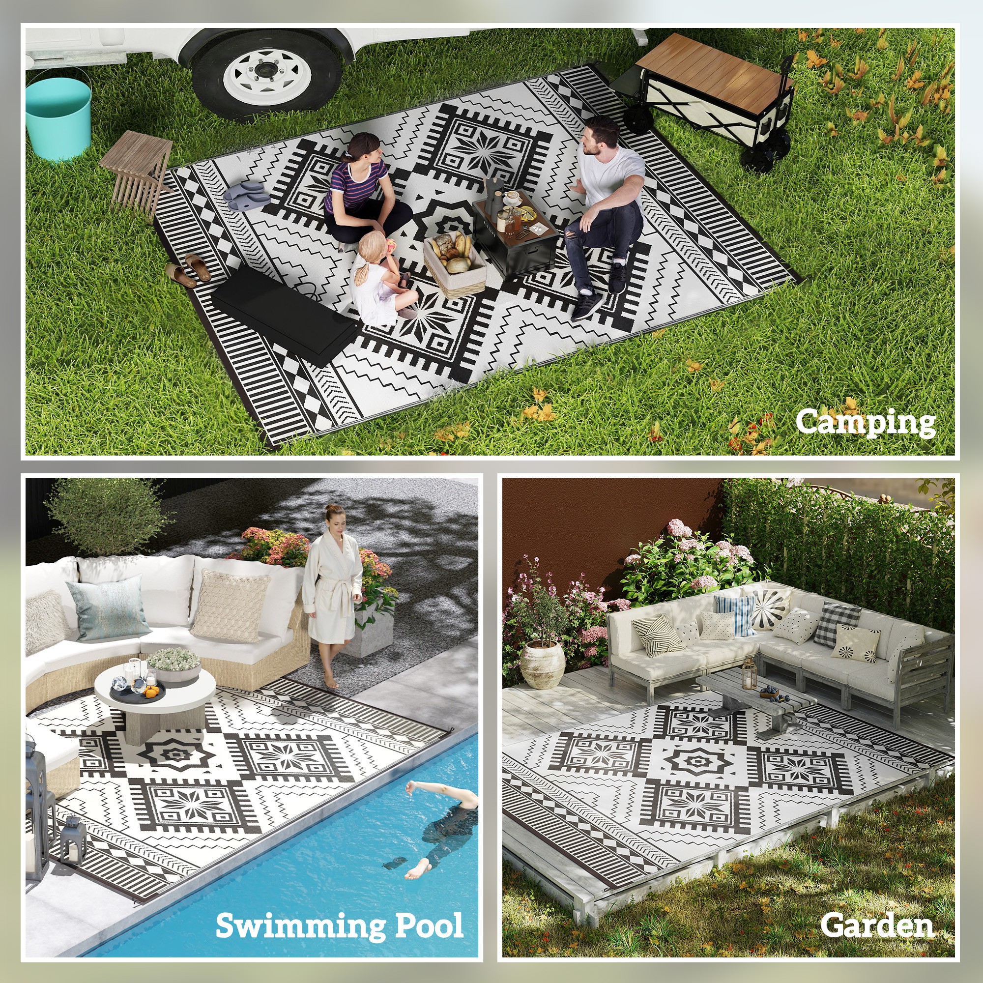 Tapis extérieur réversible 9x12po imperméable noir blanc losange