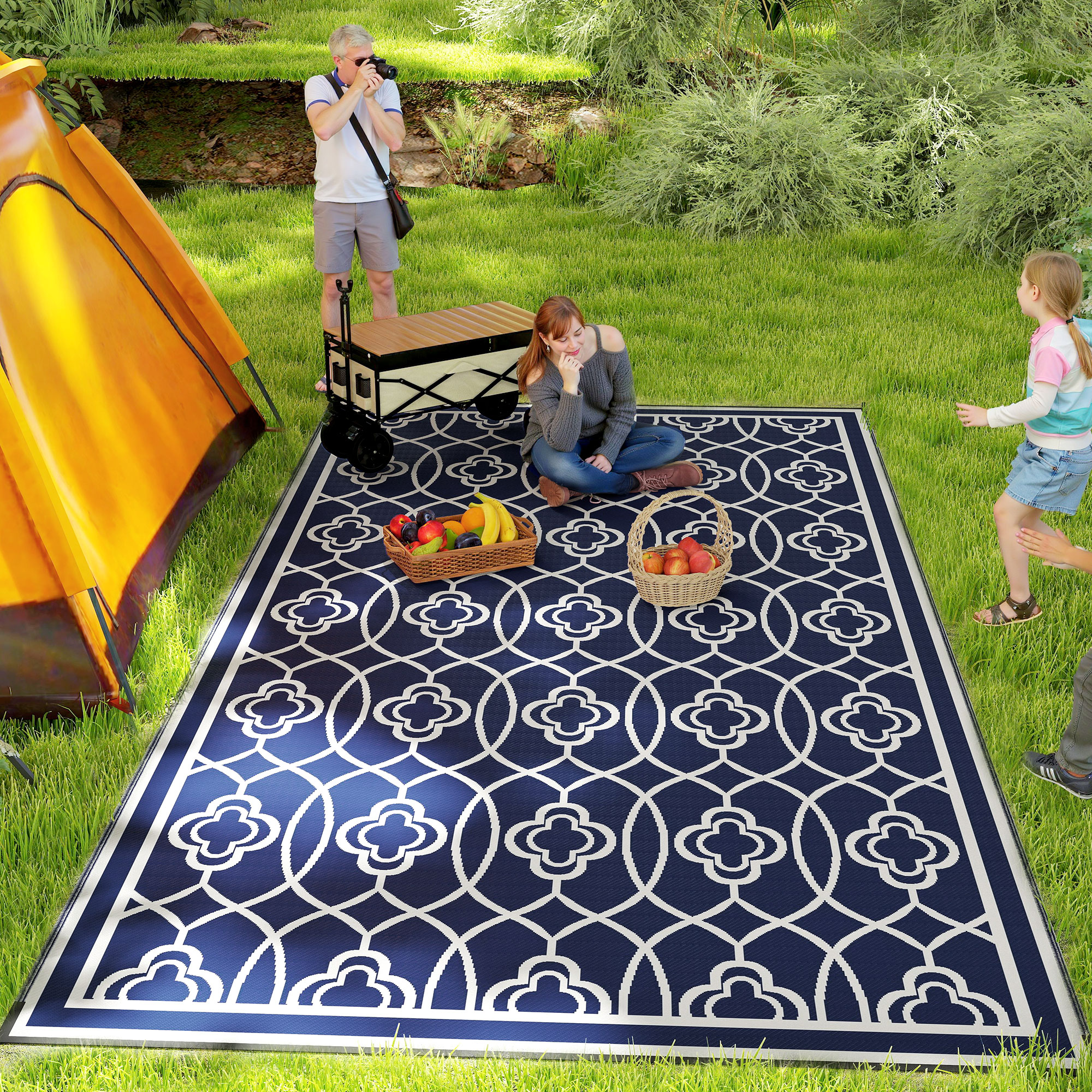 Tapis extérieur réversible 9x18 paille lanterne bleu blanc