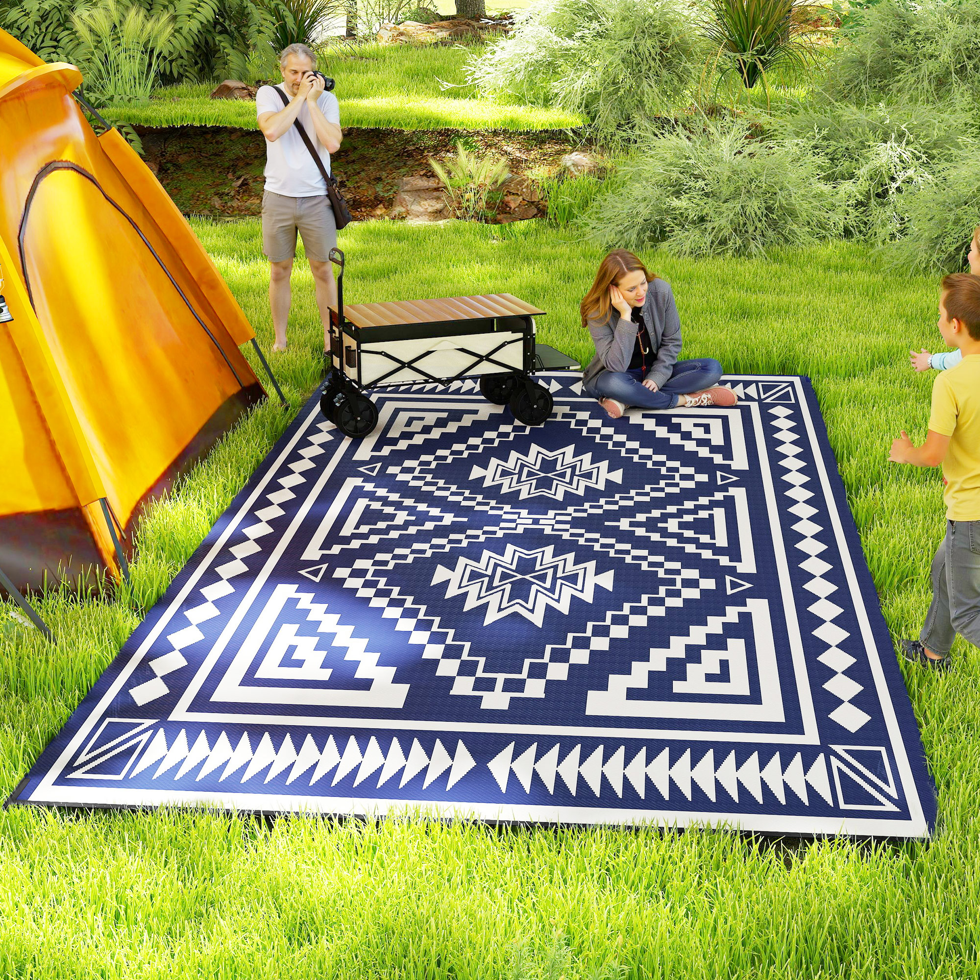 Tapis extérieur réversible 9 X 18, carreaux bleu et blanc
